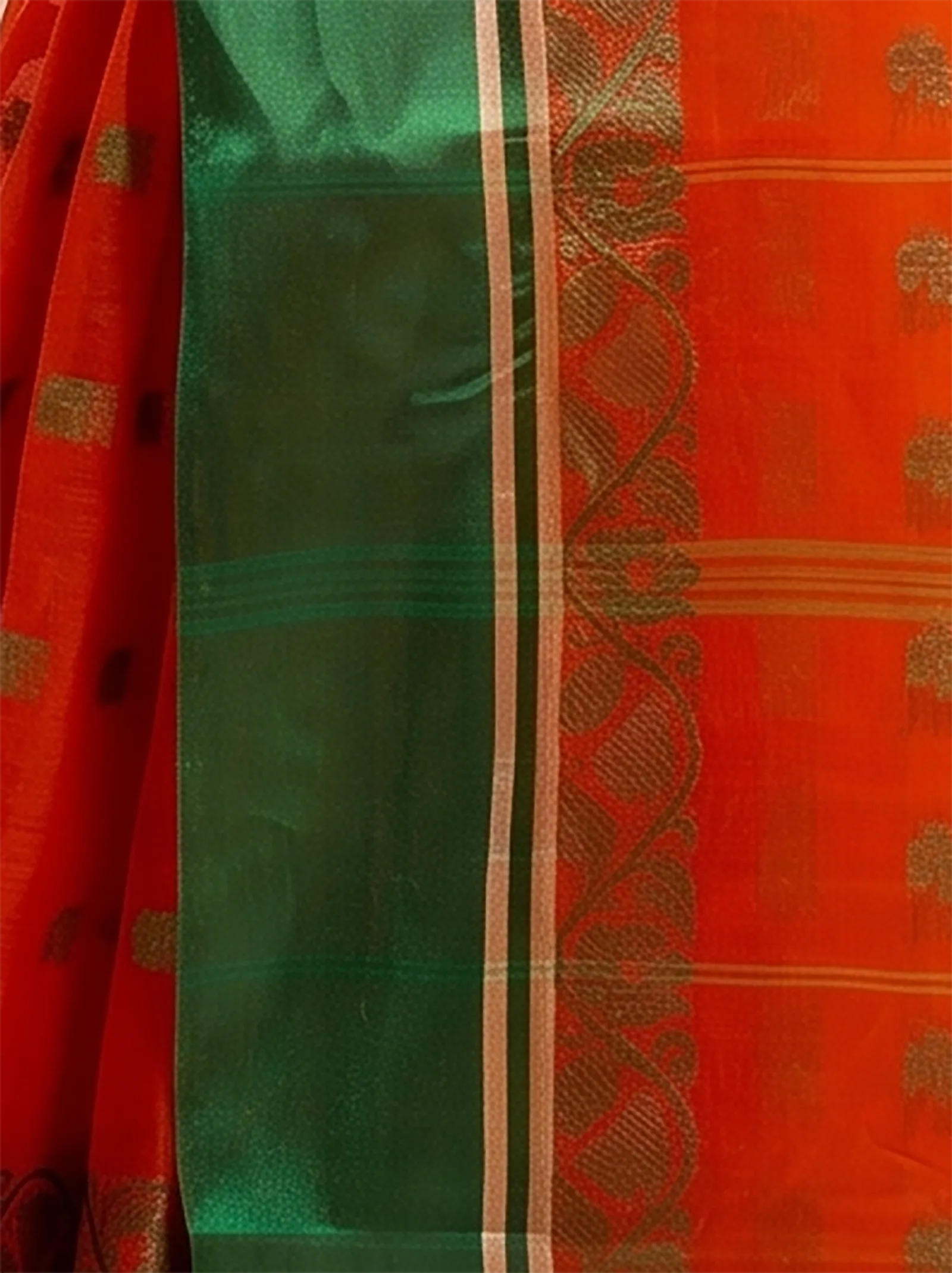 DipDiya Pure Cotton  Traditional Bengali Orange Green Artisan Crafted Sukla Velvet Tant Saree