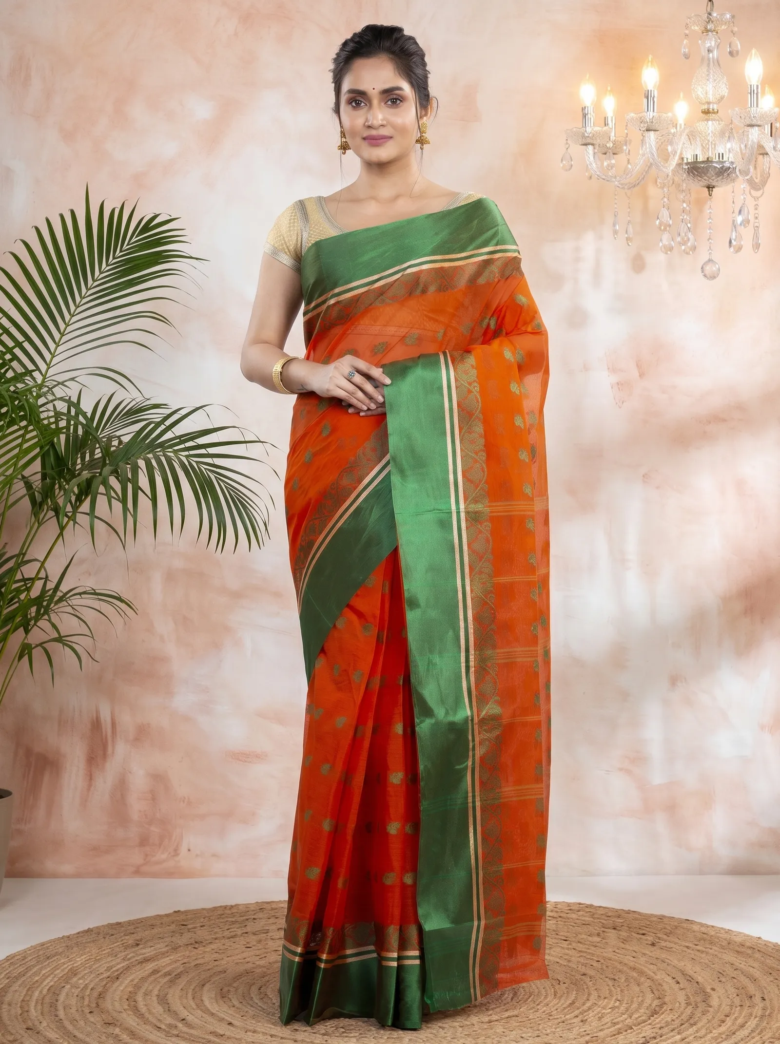 DipDiya Pure Cotton  Traditional Bengali Orange Green Artisan Crafted Sukla Velvet Tant Saree