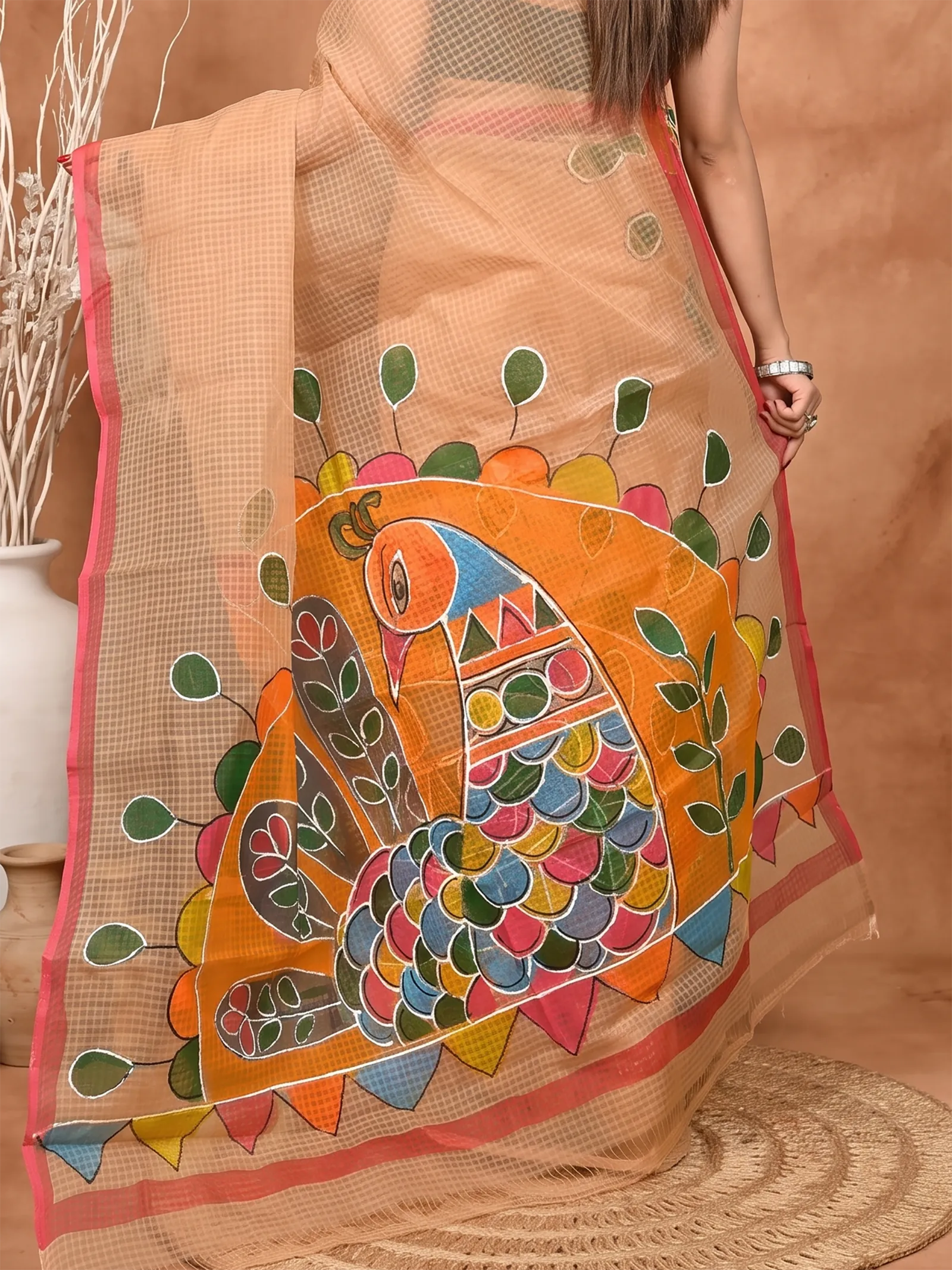 DipDiya Pure Cotton  Traditional Bengali Peach Artisan Crafted Kotafab Kota Fabric Saree