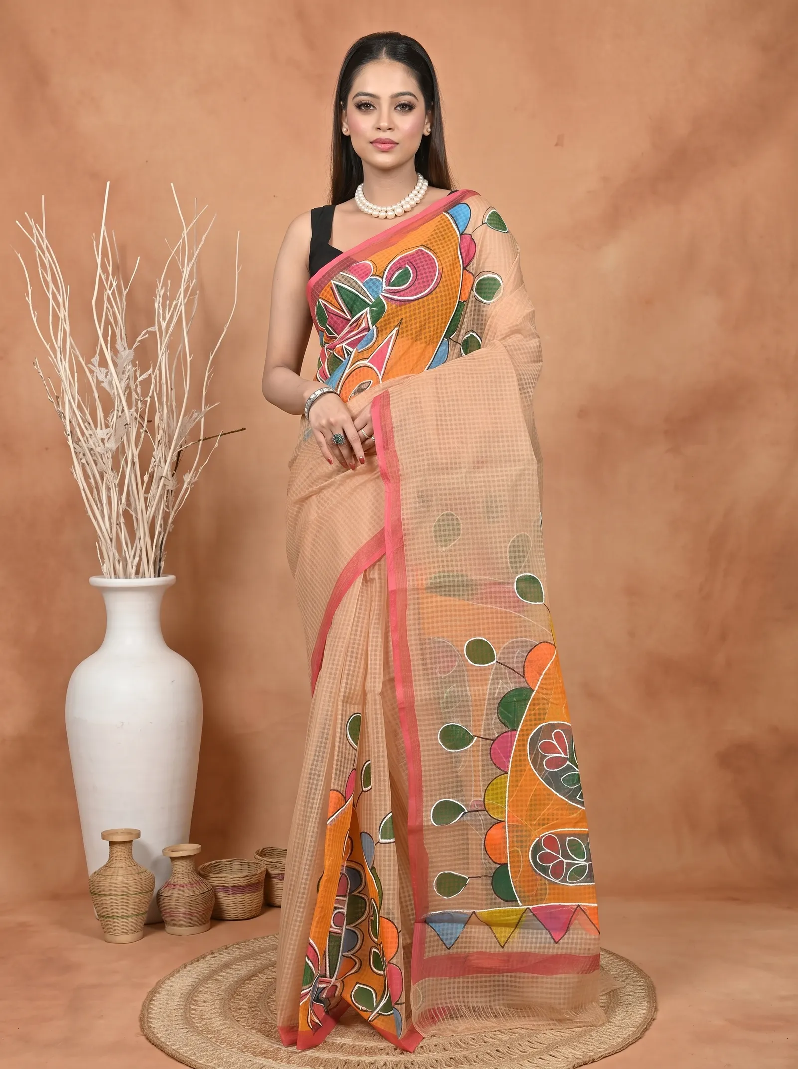 DipDiya Pure Cotton  Traditional Bengali Peach Artisan Crafted Kotafab Kota Fabric Saree