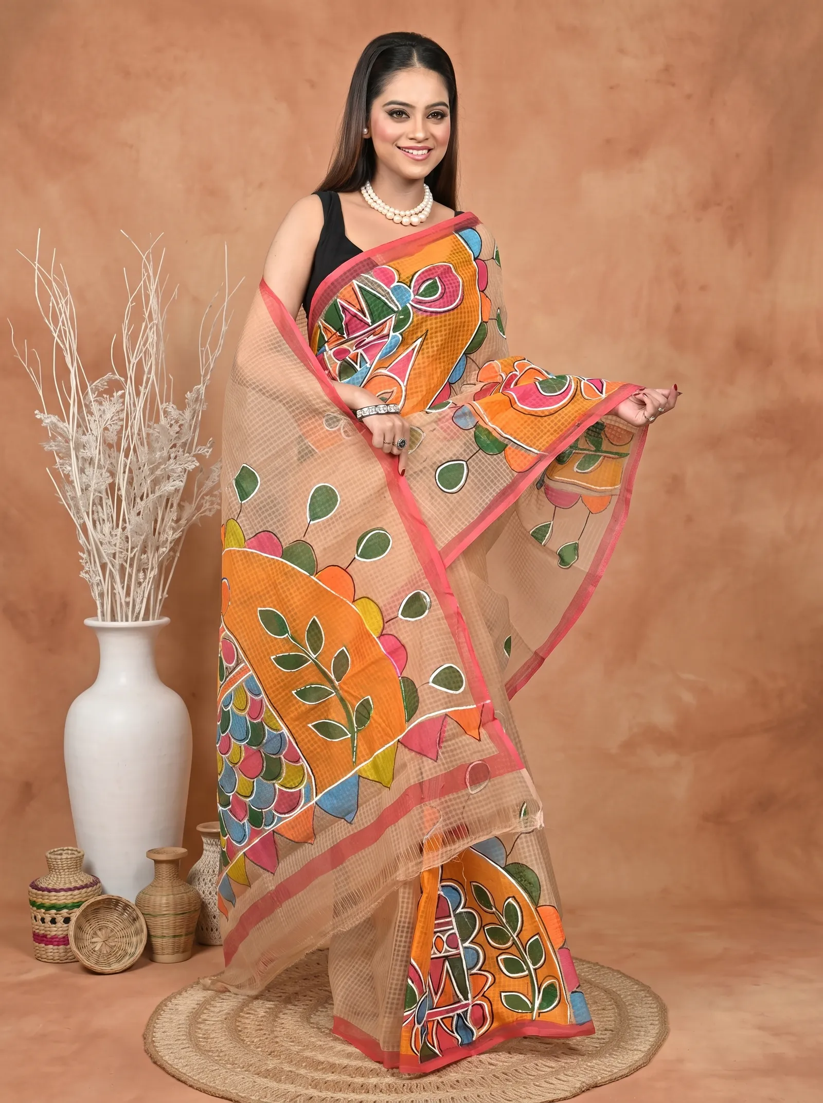 DipDiya Pure Cotton  Traditional Bengali Peach Artisan Crafted Kotafab Kota Fabric Saree