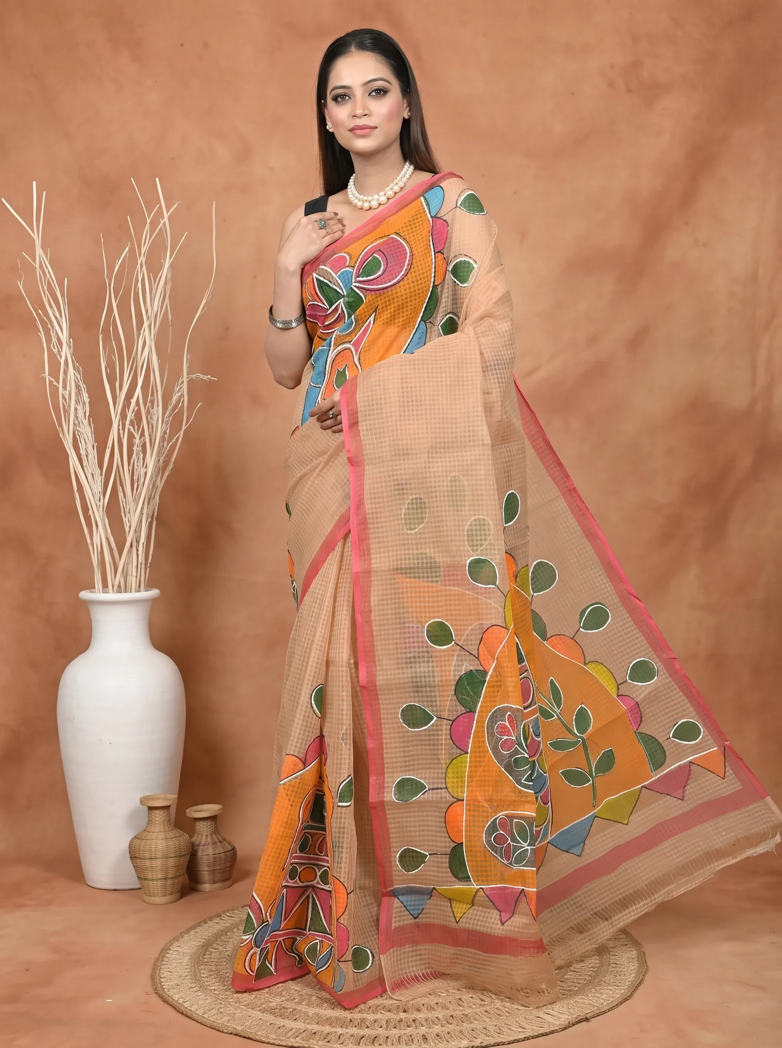 DipDiya Pure Cotton  Traditional Bengali Peach Artisan Crafted Kotafab Kota Fabric Saree