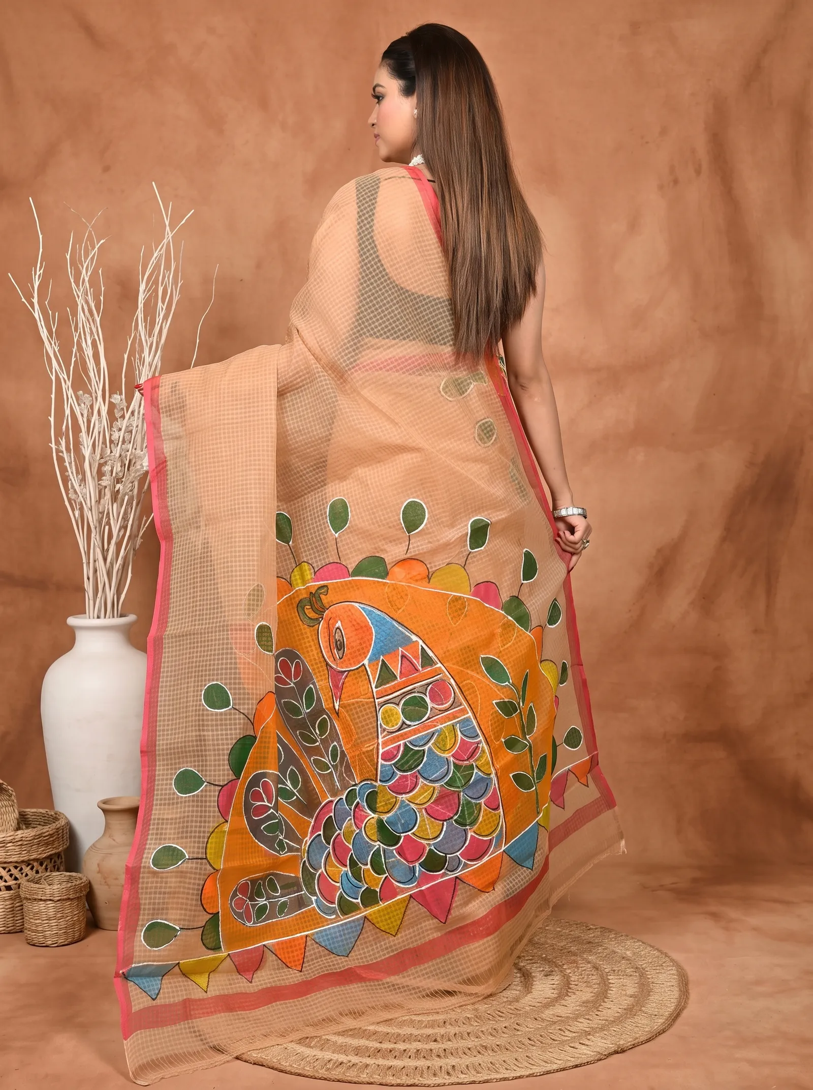 DipDiya Pure Cotton  Traditional Bengali Peach Artisan Crafted Kotafab Kota Fabric Saree