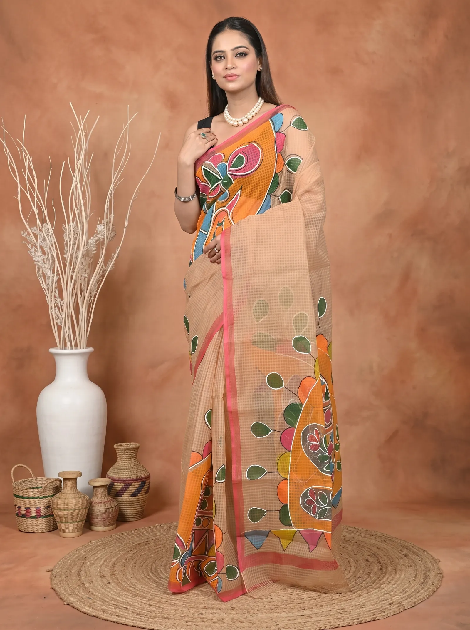 DipDiya Pure Cotton  Traditional Bengali Peach Artisan Crafted Kotafab Kota Fabric Saree