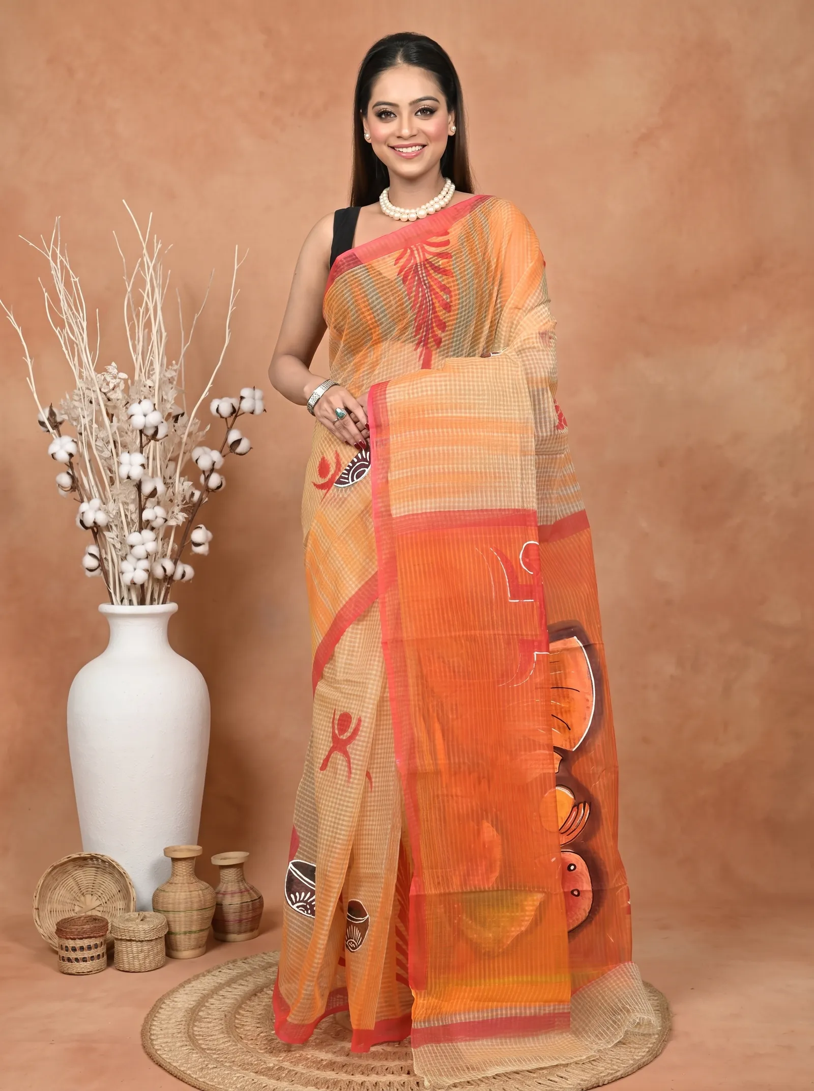 DipDiya Pure Cotton  Traditional Bengali Peach Orange Artisan Crafted Kotafab Kota Fabric Saree