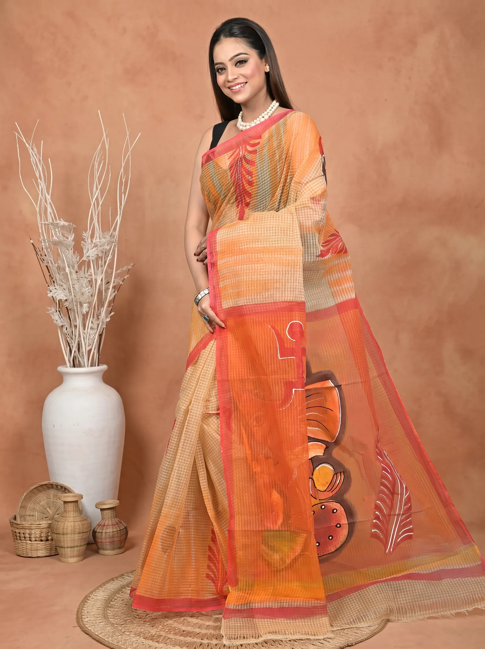 DipDiya Pure Cotton  Traditional Bengali Peach Orange Artisan Crafted Kotafab Kota Fabric Saree