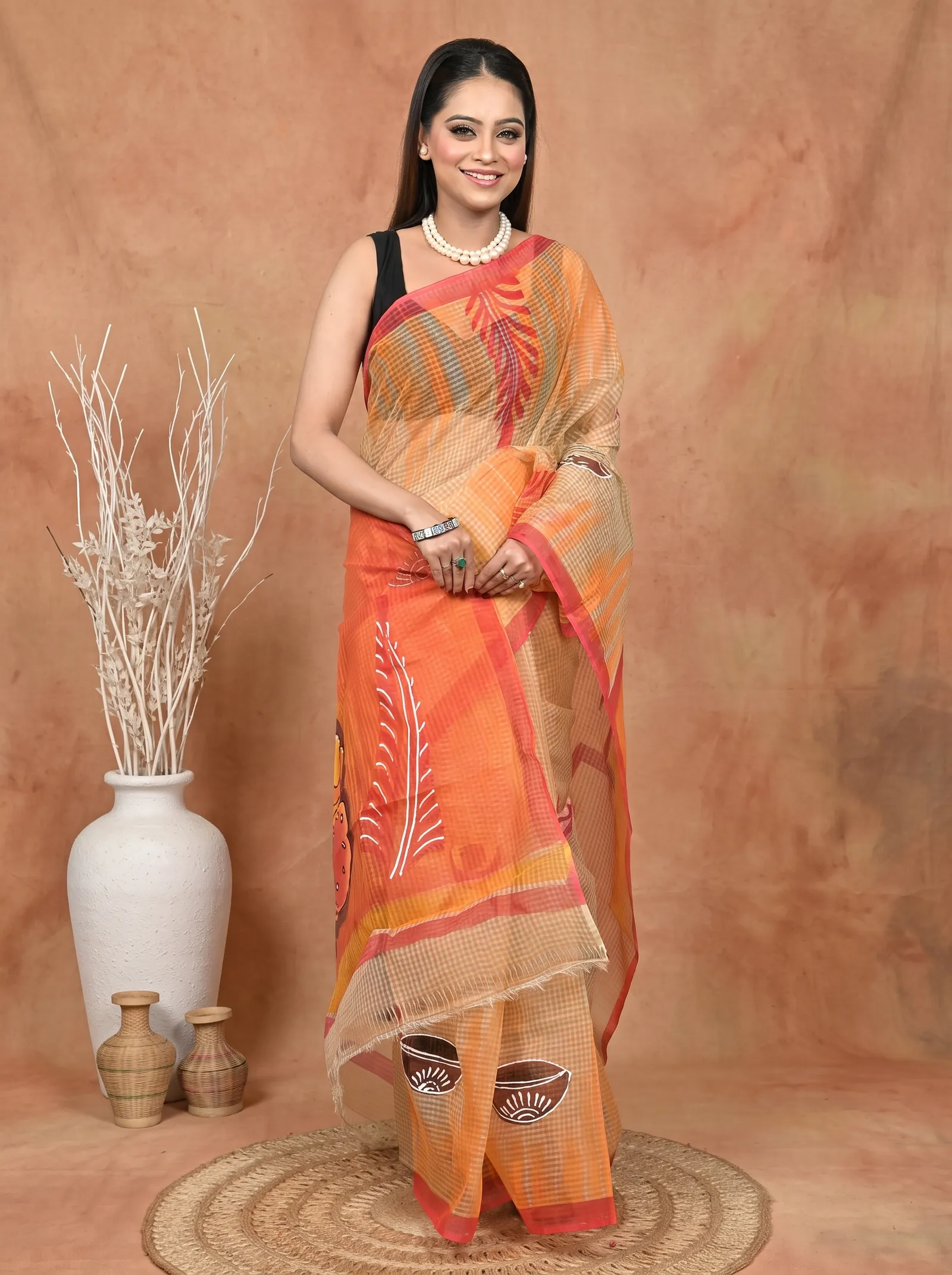 DipDiya Pure Cotton  Traditional Bengali Peach Orange Artisan Crafted Kotafab Kota Fabric Saree