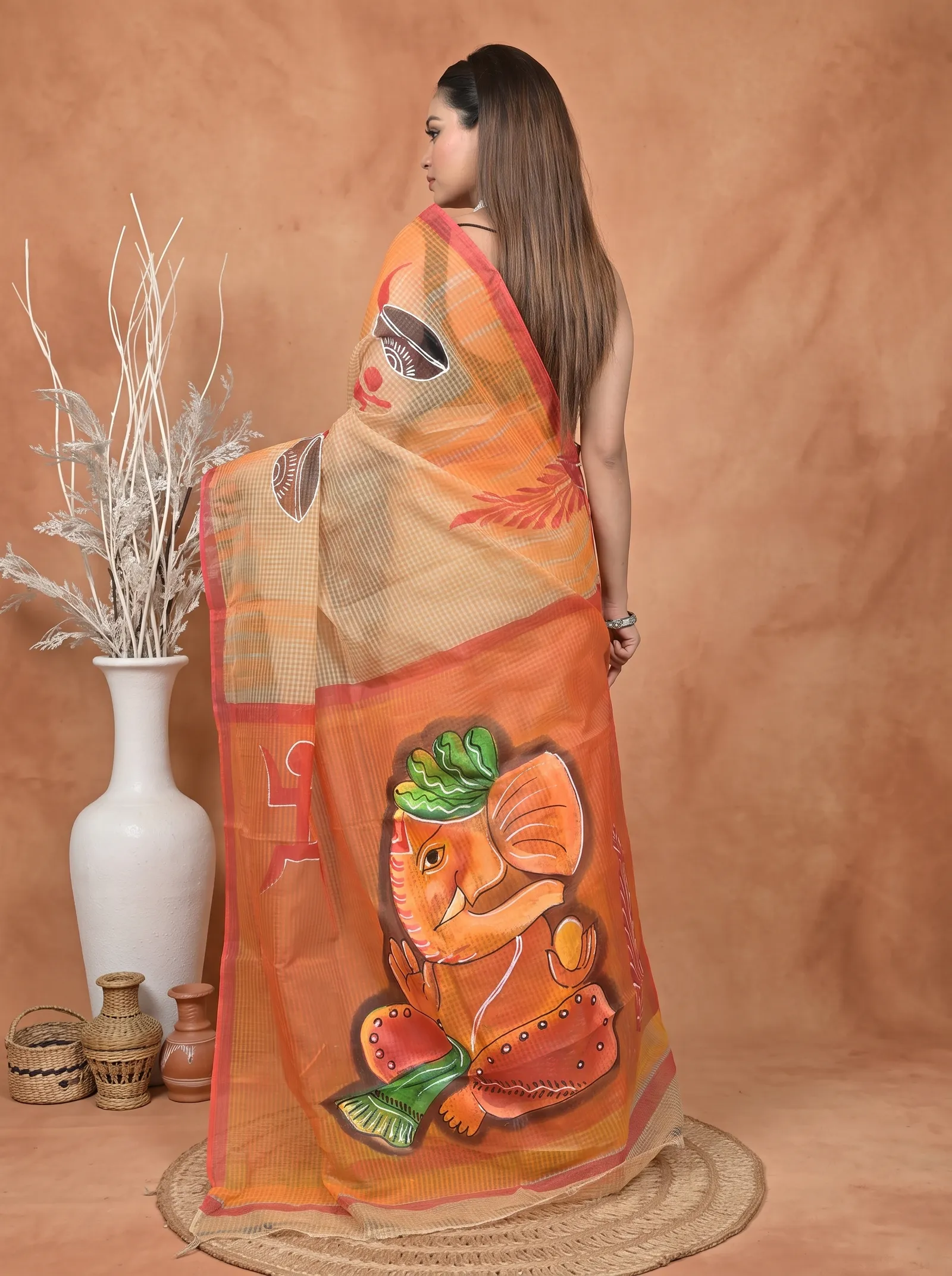 DipDiya Pure Cotton  Traditional Bengali Peach Orange Artisan Crafted Kotafab Kota Fabric Saree