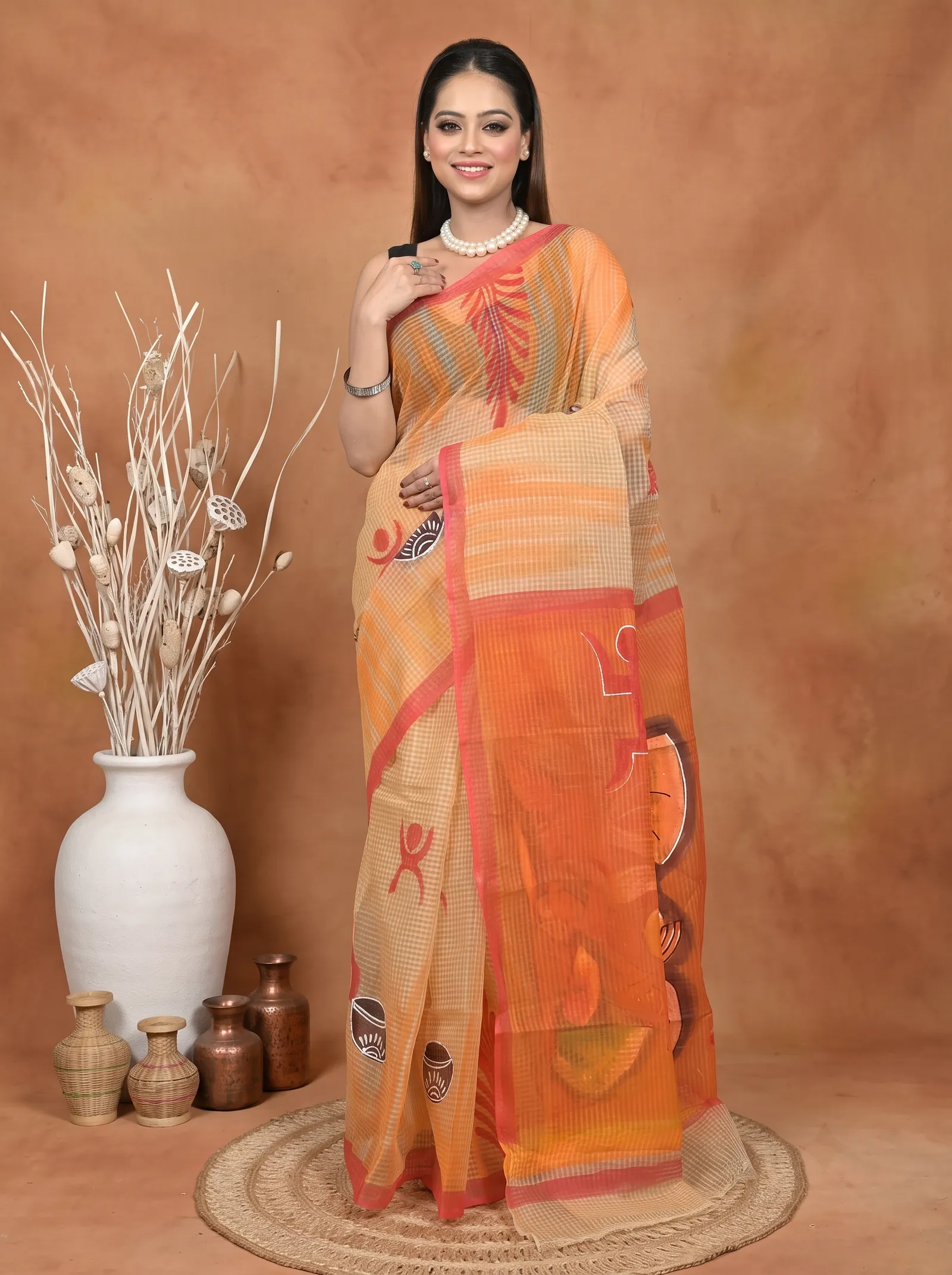 DipDiya Pure Cotton  Traditional Bengali Peach Orange Artisan Crafted Kotafab Kota Fabric Saree