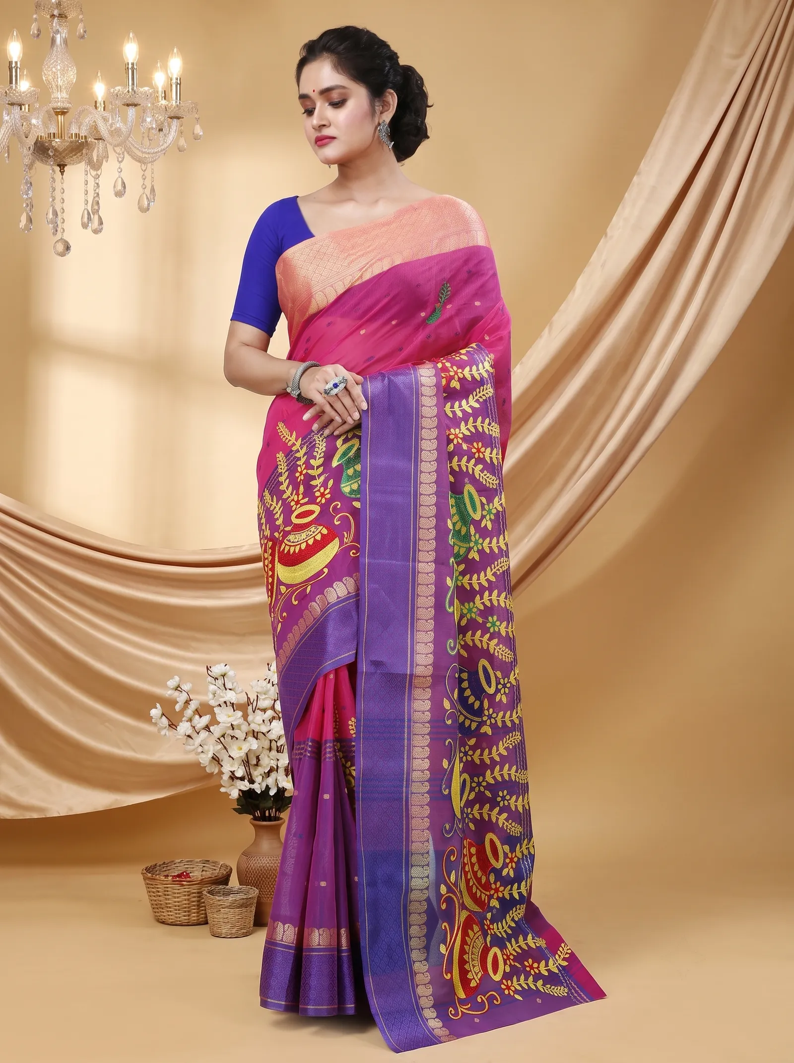 DipDiya Pure Cotton  Traditional Bengali Pink Artisan Crafted Embi Ganga Buti Embroidery Tant Saree