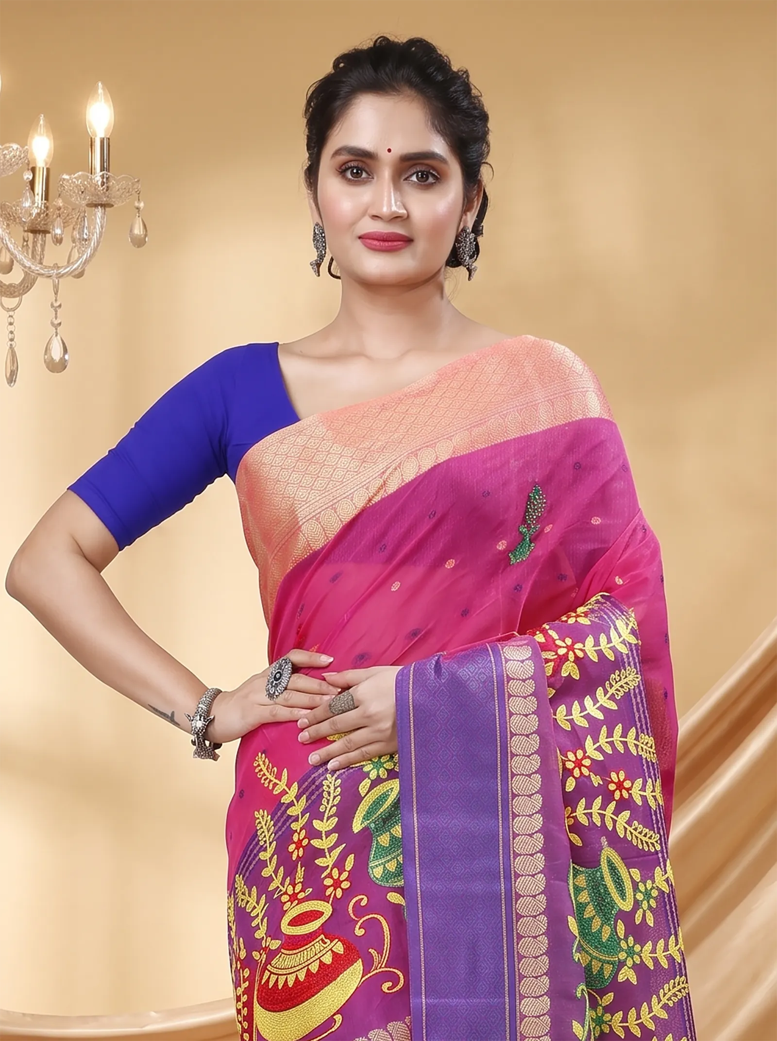 DipDiya Pure Cotton  Traditional Bengali Pink Artisan Crafted Embi Ganga Buti Embroidery Tant Saree