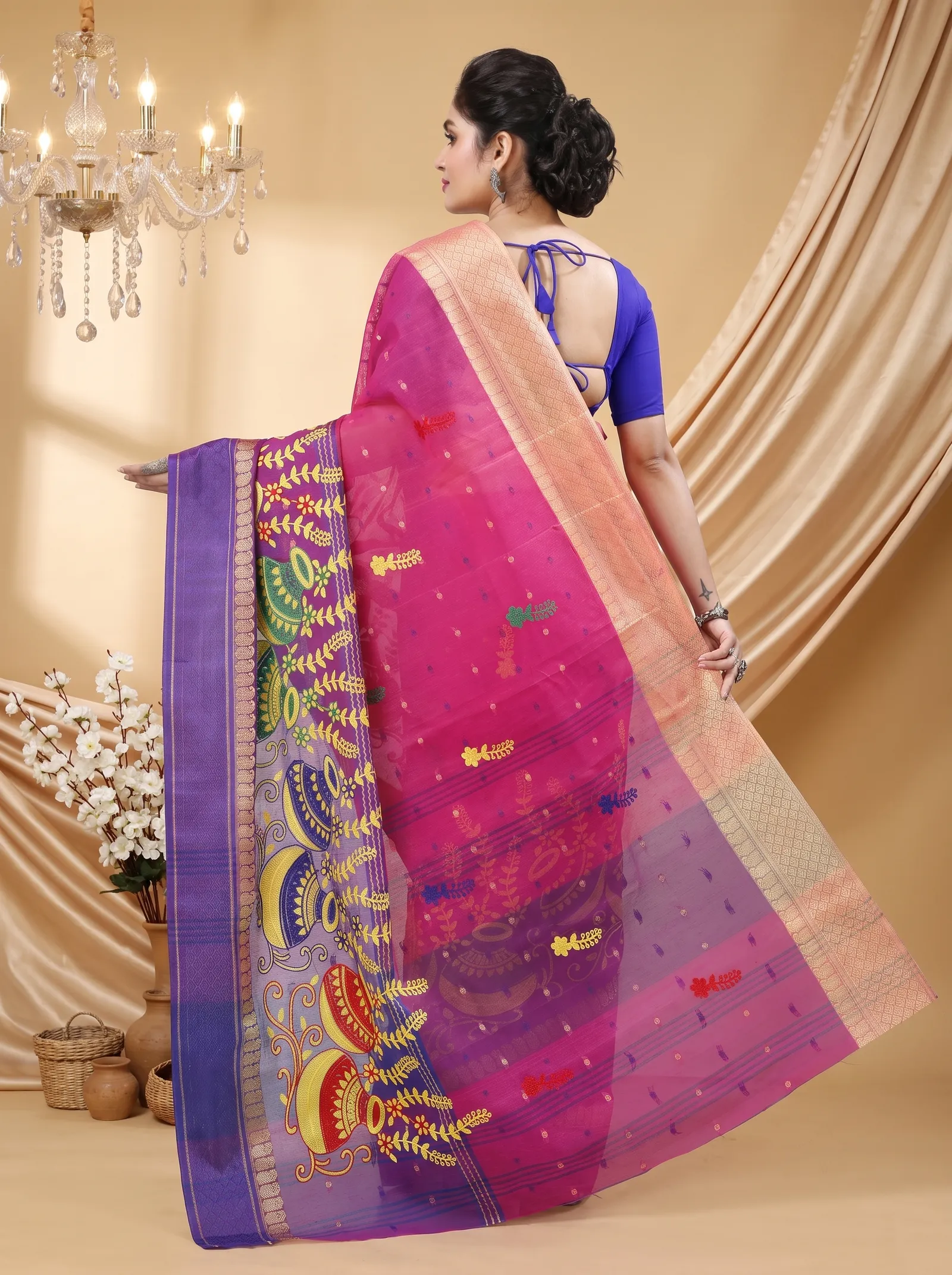 DipDiya Pure Cotton  Traditional Bengali Pink Artisan Crafted Embi Ganga Buti Embroidery Tant Saree