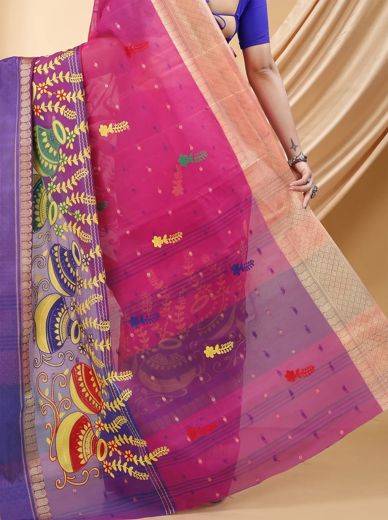 DipDiya Pure Cotton  Traditional Bengali Pink Artisan Crafted Embi Ganga Buti Embroidery Tant Saree