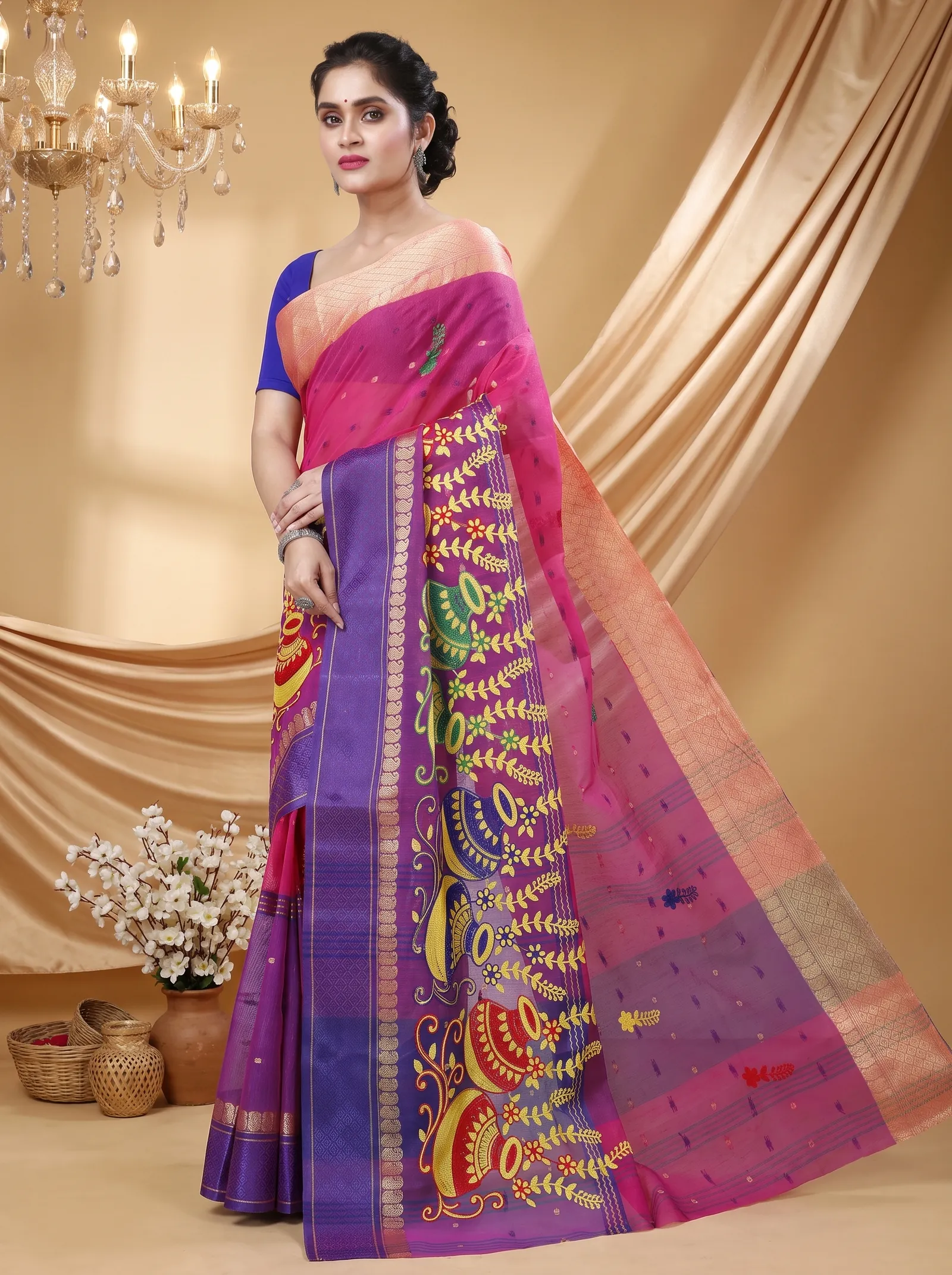 DipDiya Pure Cotton  Traditional Bengali Pink Artisan Crafted Embi Ganga Buti Embroidery Tant Saree