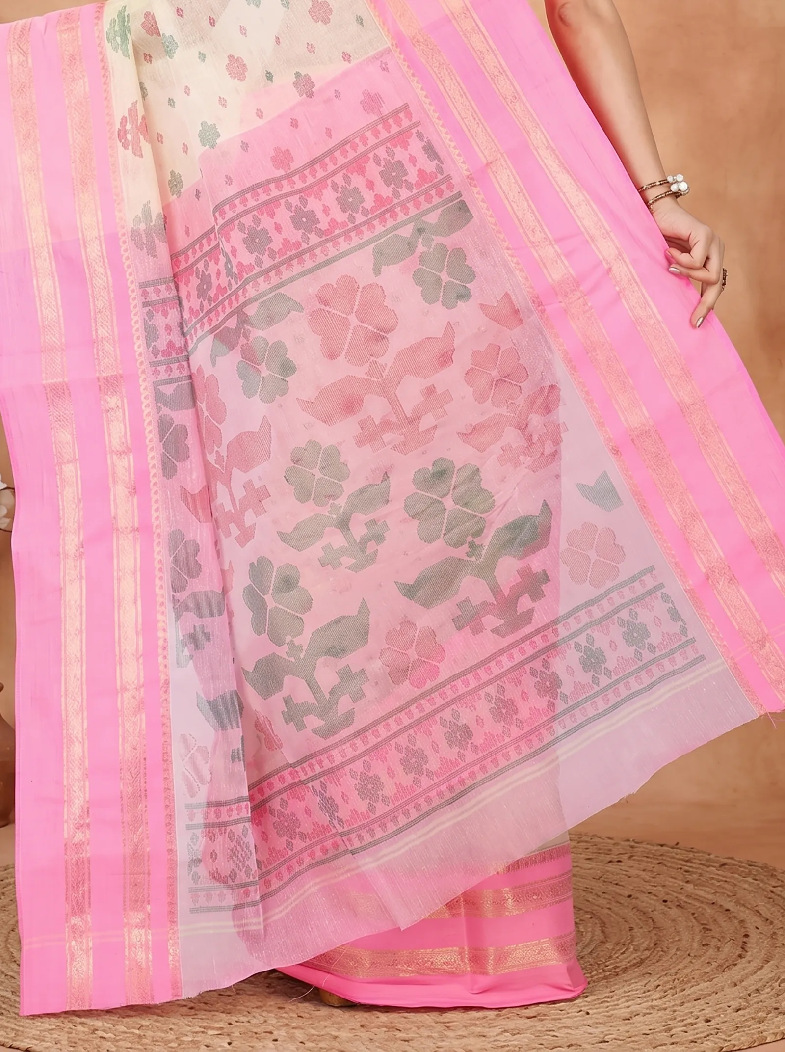 DipDiya Pure Cotton  Traditional Bengali Pink Artisan Crafted FullBall Print Printed Tant Saree