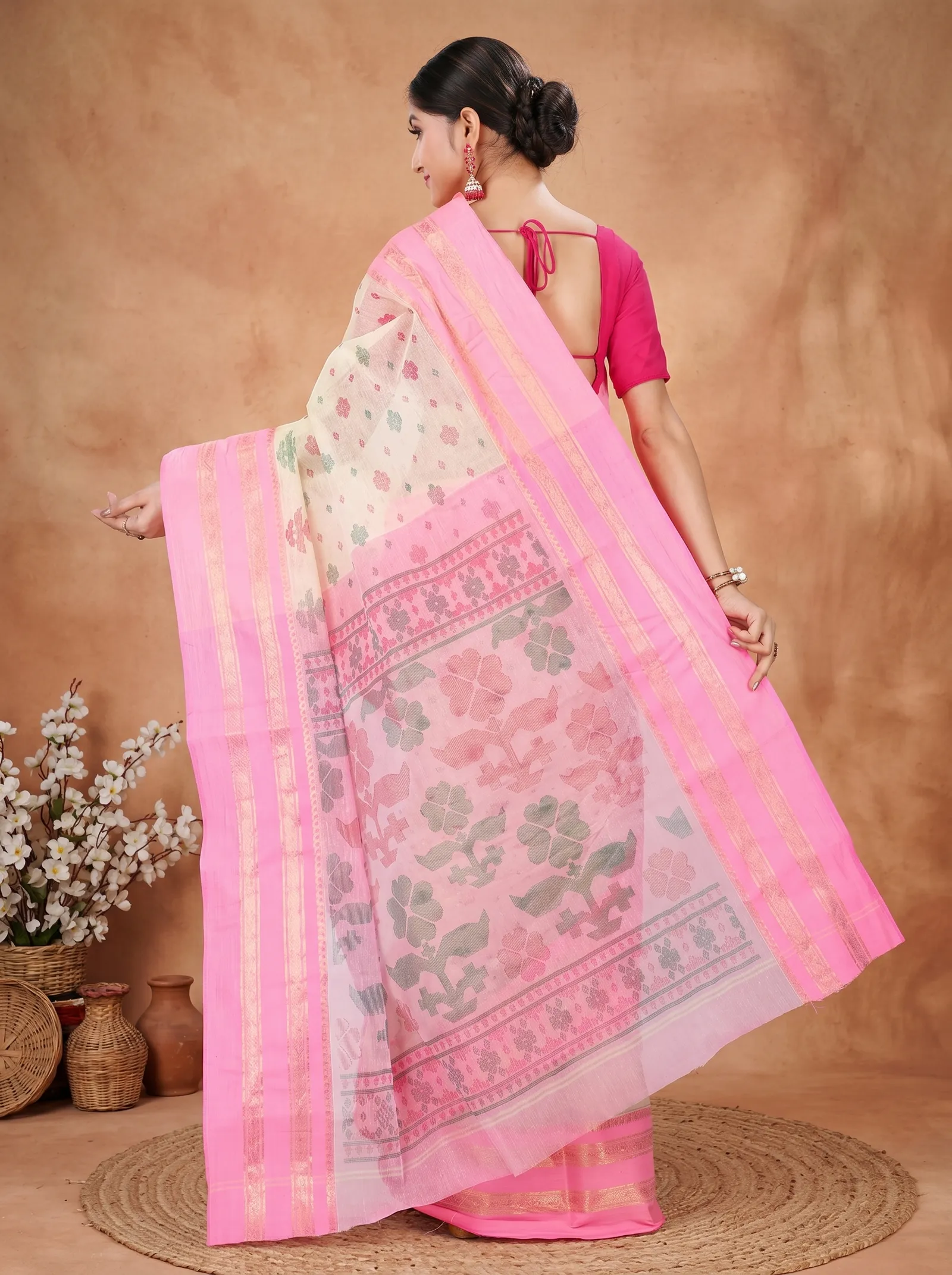 DipDiya Pure Cotton  Traditional Bengali Pink Artisan Crafted FullBall Print Printed Tant Saree