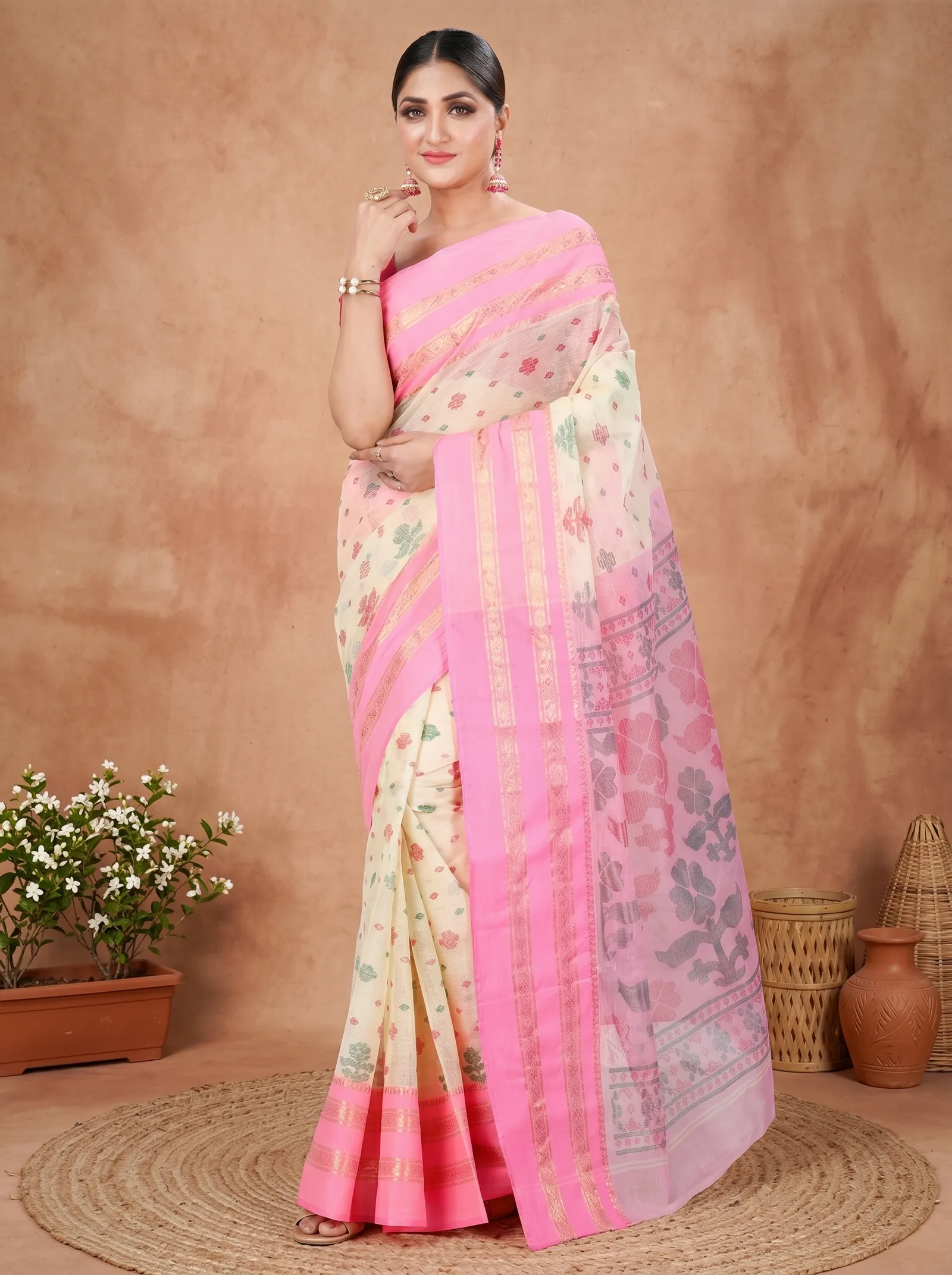 DipDiya Pure Cotton  Traditional Bengali Pink Artisan Crafted FullBall Print Printed Tant Saree