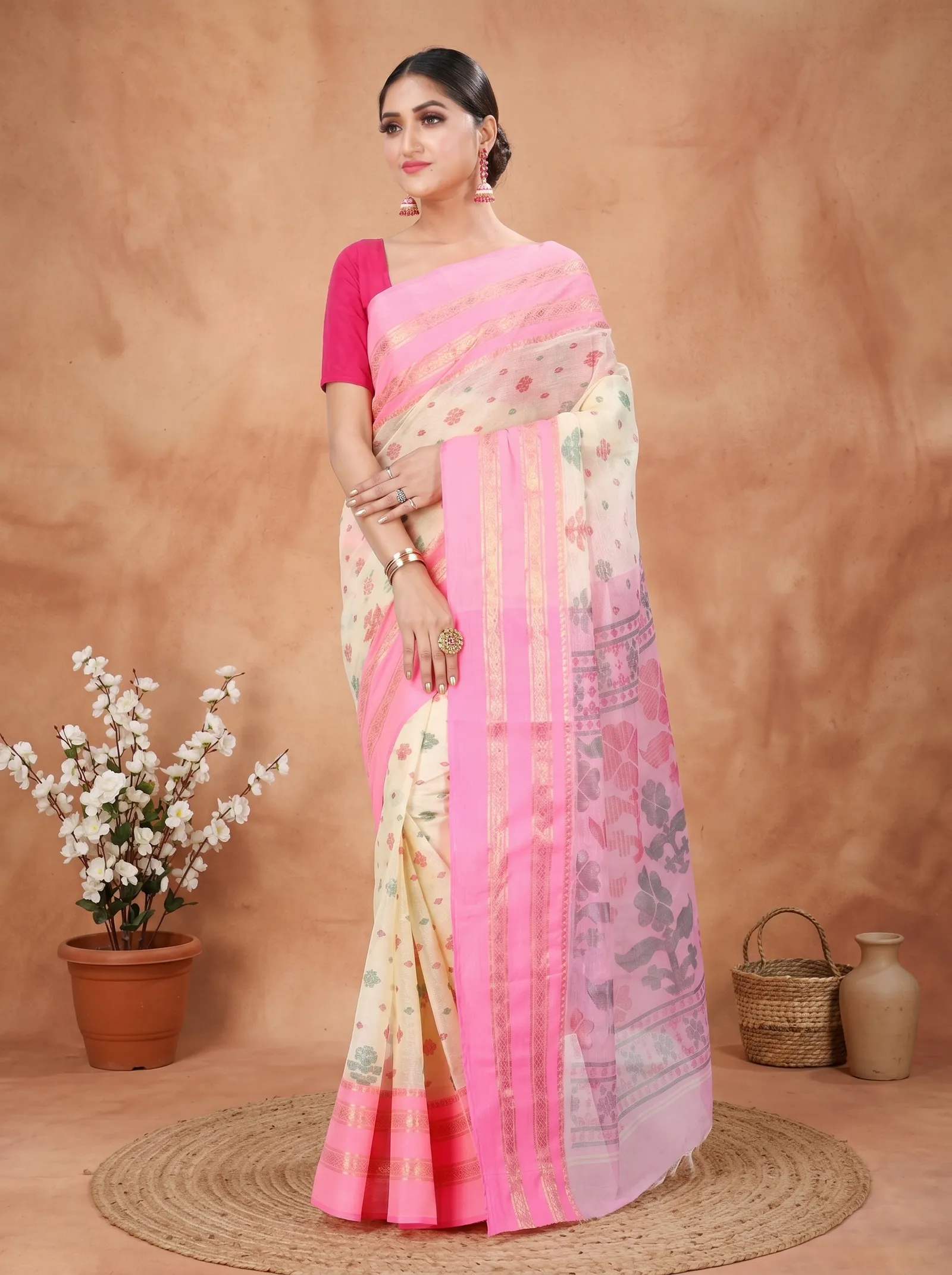 DipDiya Pure Cotton  Traditional Bengali Pink Artisan Crafted FullBall Print Printed Tant Saree