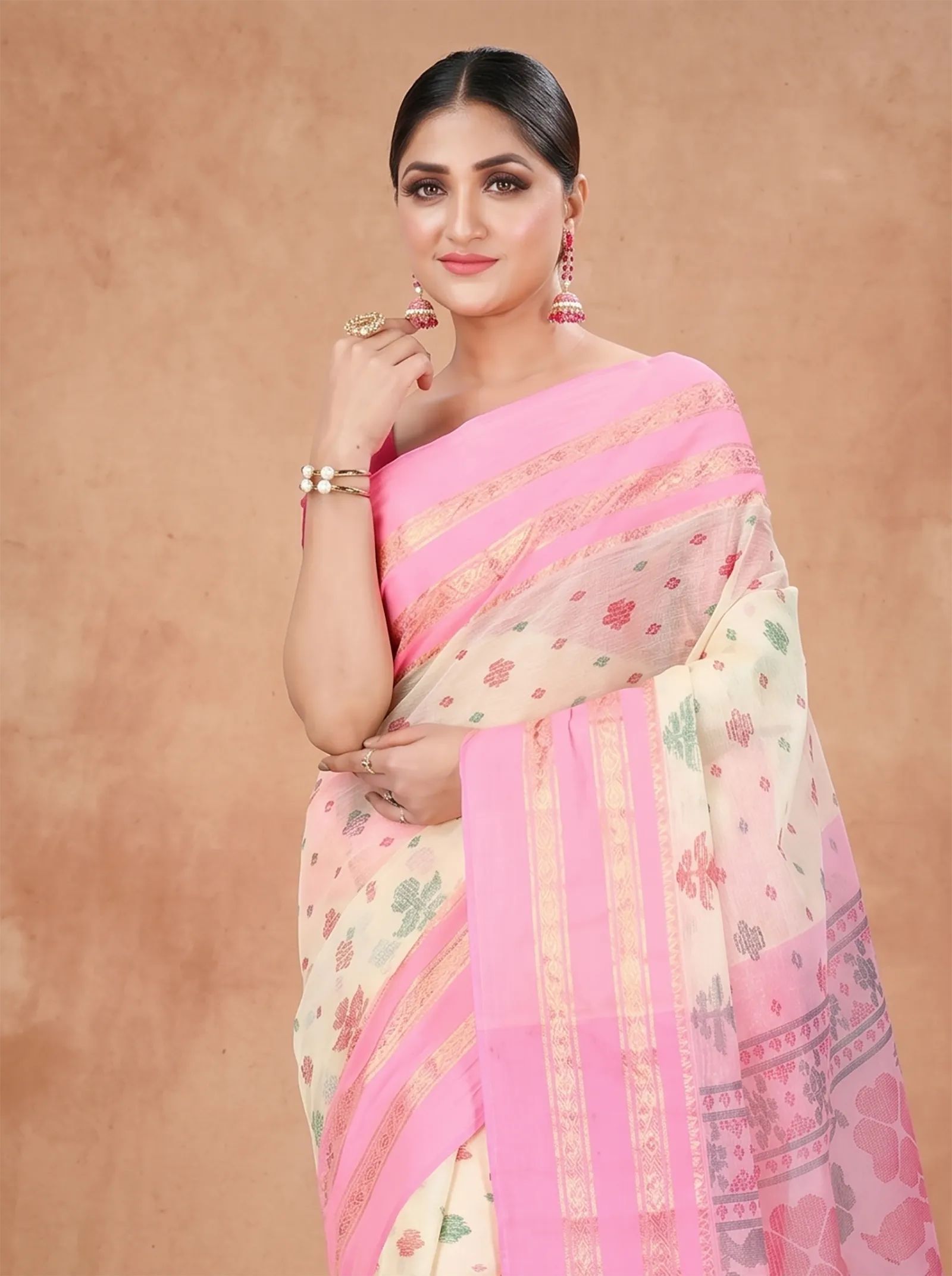 DipDiya Pure Cotton  Traditional Bengali Pink Artisan Crafted FullBall Print Printed Tant Saree