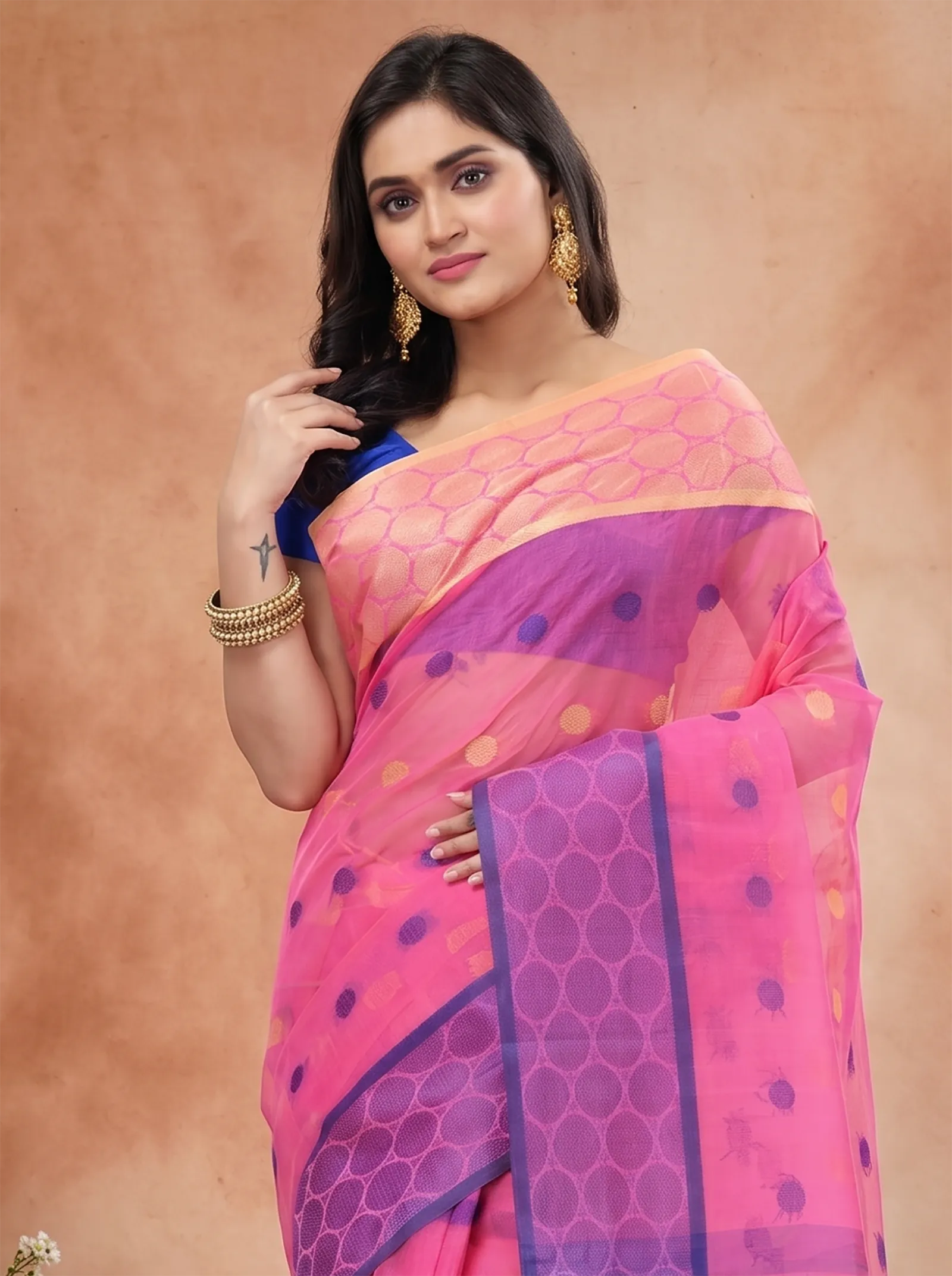 DipDiya Pure Cotton  Traditional Bengali Pink Artisan Crafted Ganga Jamuna Tant Saree