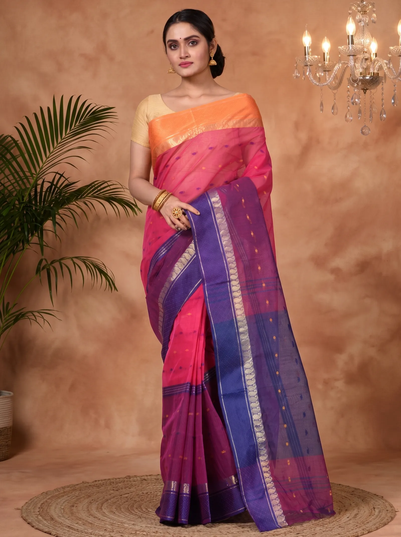 DipDiya Pure Cotton  Traditional Bengali Pink Artisan Crafted Ganga Jamuna Buti Tant Saree