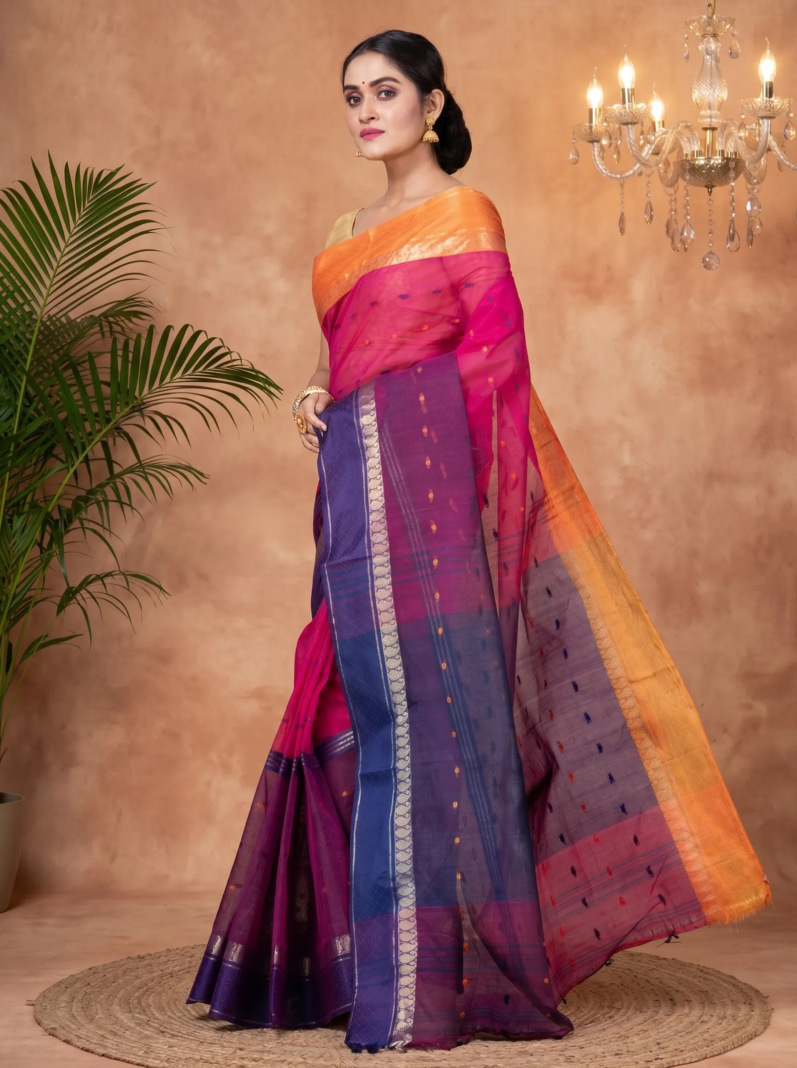 DipDiya Pure Cotton  Traditional Bengali Pink Artisan Crafted Ganga Jamuna Buti Tant Saree