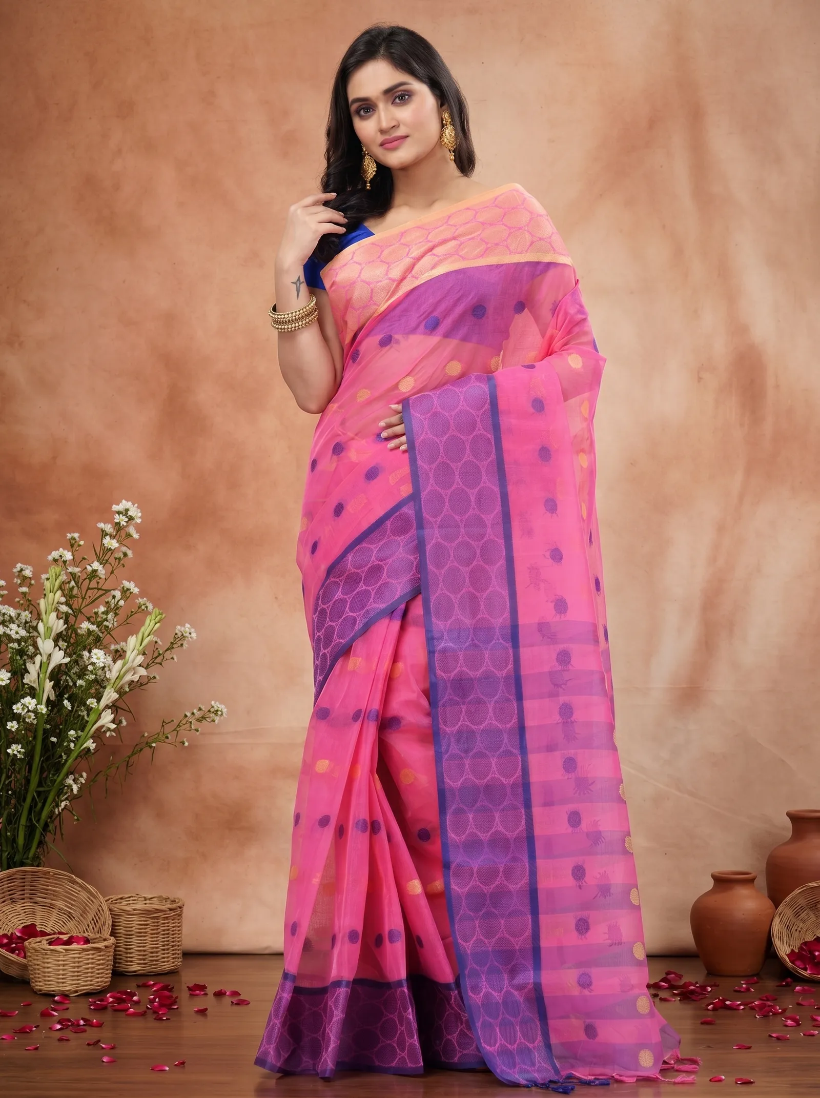 DipDiya Pure Cotton  Traditional Bengali Pink Artisan Crafted Ganga Jamuna Tant Saree