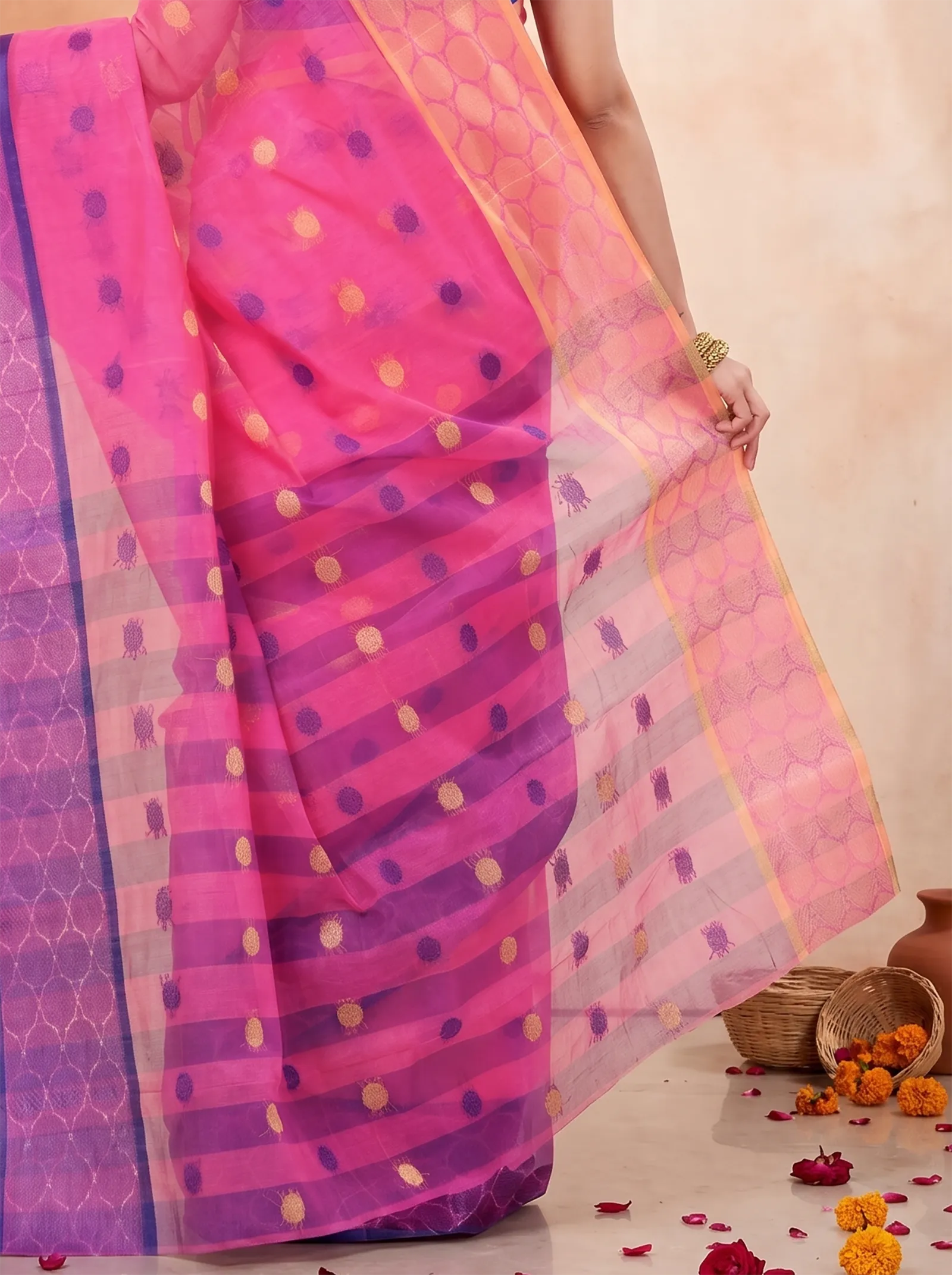 DipDiya Pure Cotton  Traditional Bengali Pink Artisan Crafted Ganga Jamuna Tant Saree