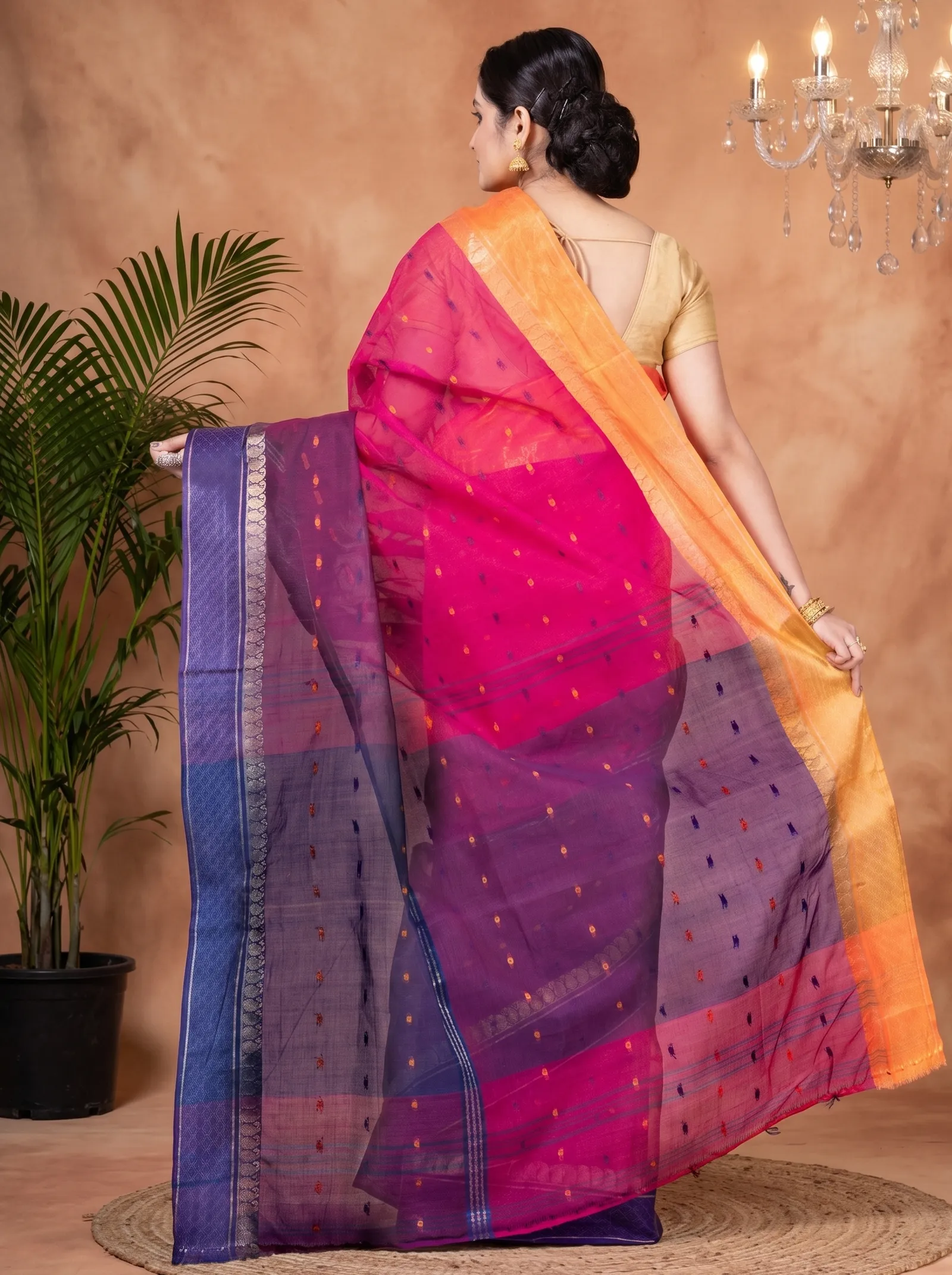 DipDiya Pure Cotton  Traditional Bengali Pink Artisan Crafted Ganga Jamuna Buti Tant Saree
