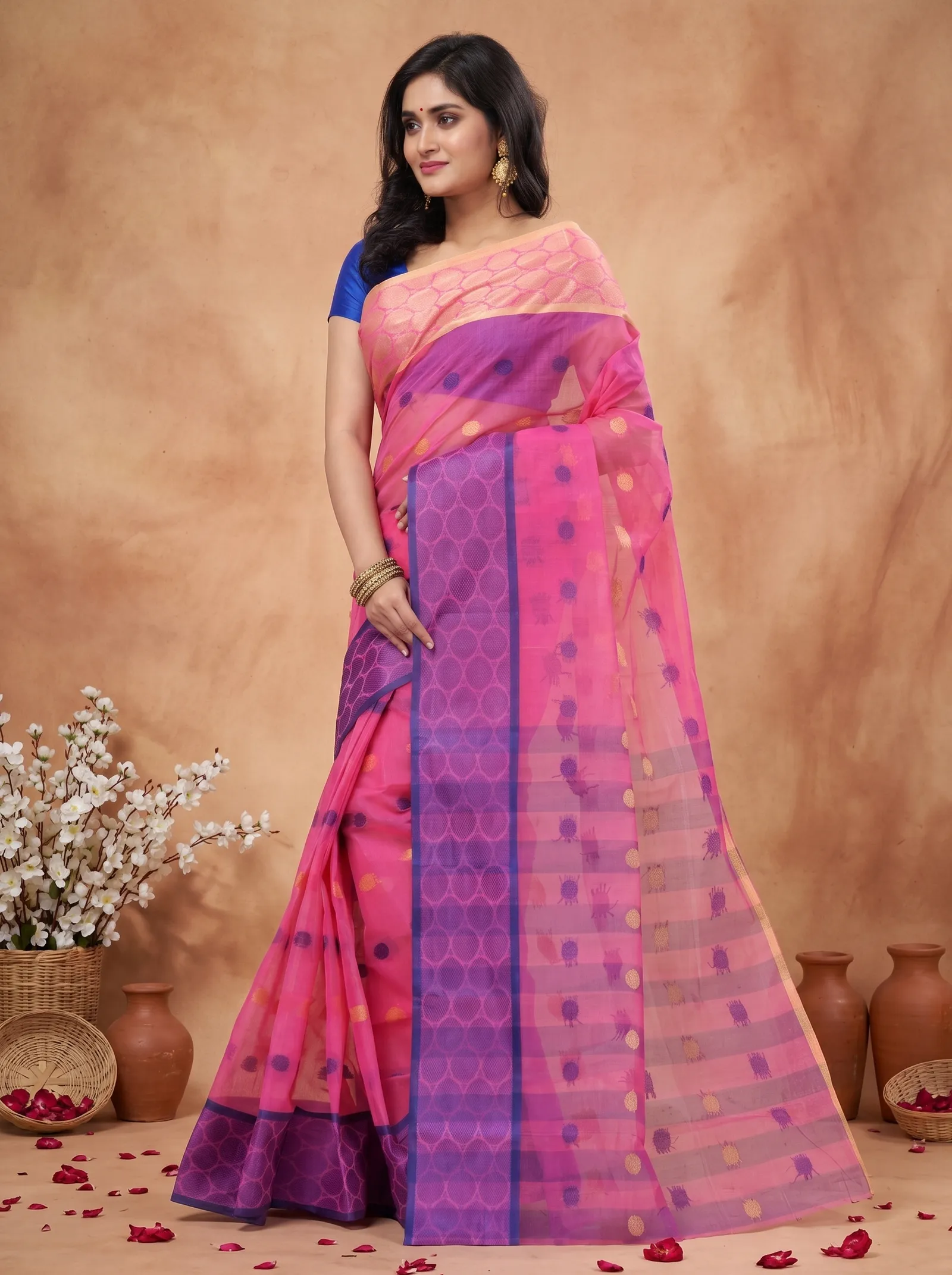 DipDiya Pure Cotton  Traditional Bengali Pink Artisan Crafted Ganga Jamuna Tant Saree