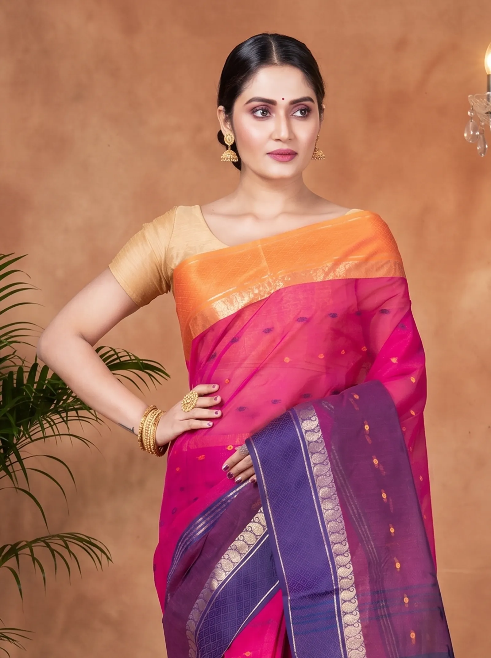 DipDiya Pure Cotton  Traditional Bengali Pink Artisan Crafted Ganga Jamuna Buti Tant Saree
