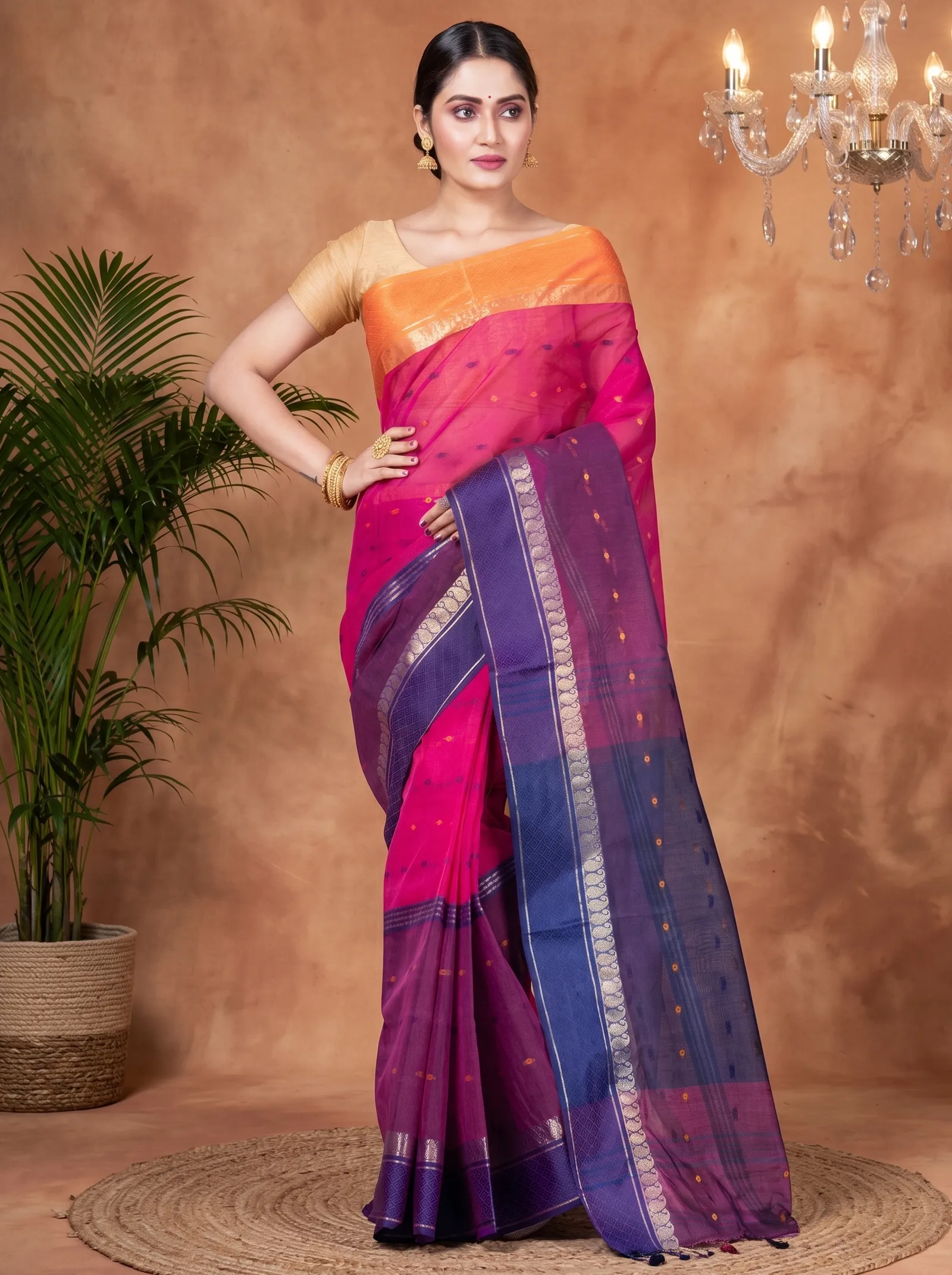 DipDiya Pure Cotton  Traditional Bengali Pink Artisan Crafted Ganga Jamuna Buti Tant Saree