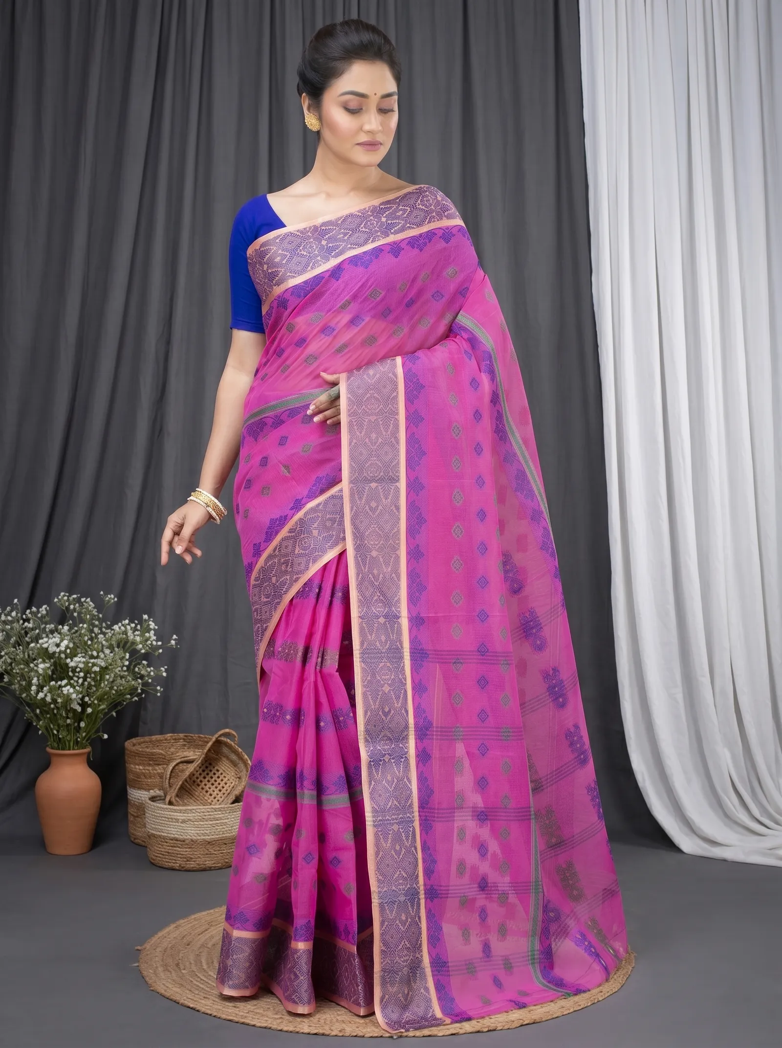 DipDiya Pure Cotton  Traditional Bengali Pink Artisan Crafted Ghusoon Tant Saree