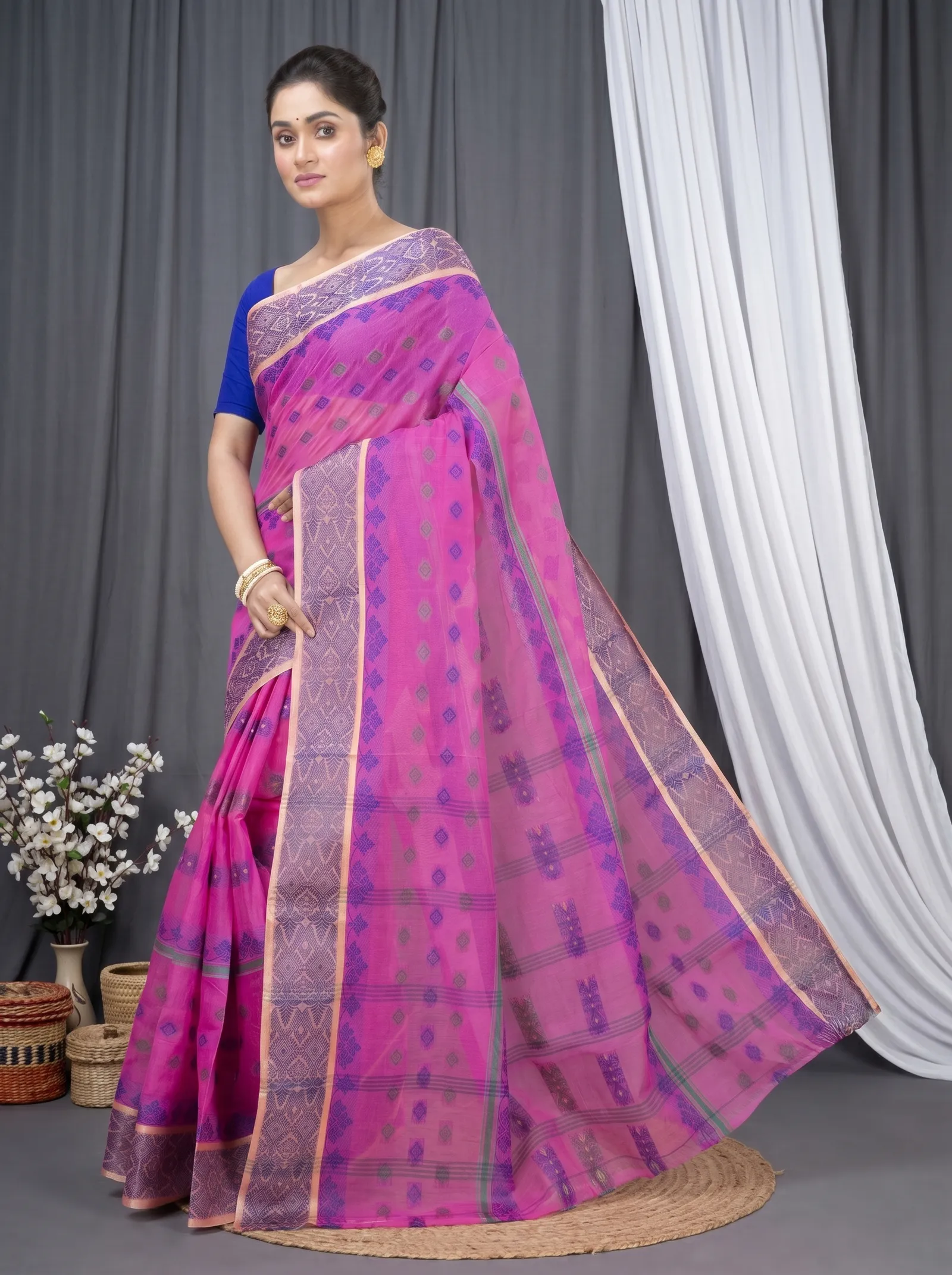 DipDiya Pure Cotton  Traditional Bengali Pink Artisan Crafted Ghusoon Tant Saree