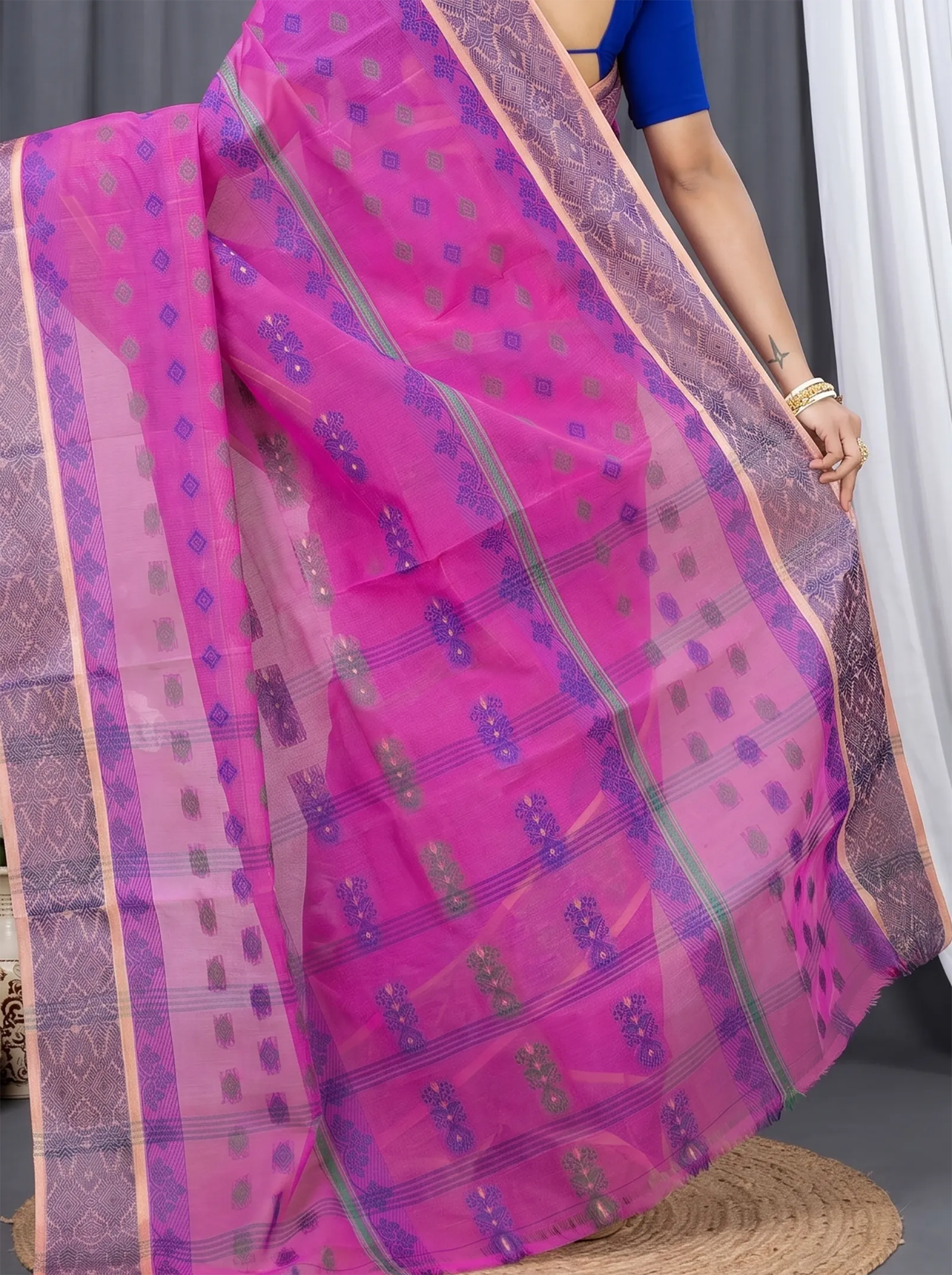 DipDiya Pure Cotton  Traditional Bengali Pink Artisan Crafted Ghusoon Tant Saree