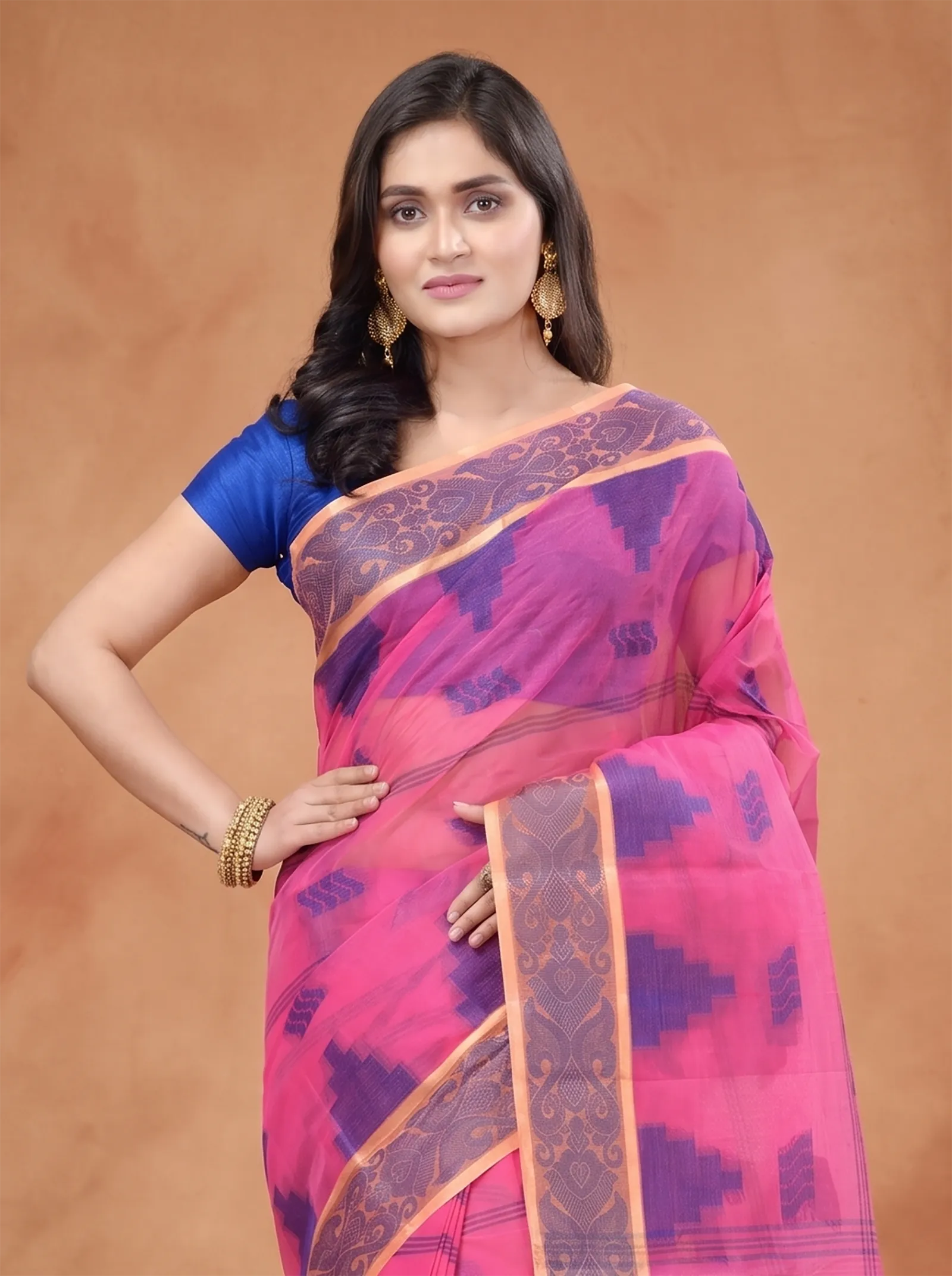 DipDiya Pure Cotton  Traditional Bengali Pink Artisan Crafted Kamala Desiging Tant Saree