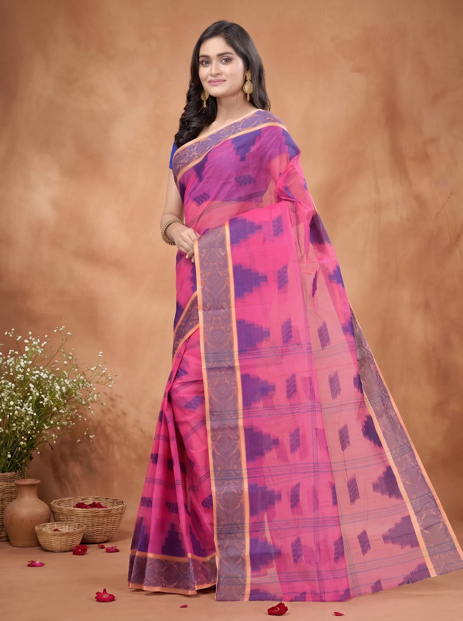 DipDiya Pure Cotton  Traditional Bengali Pink Artisan Crafted Kamala Desiging Tant Saree