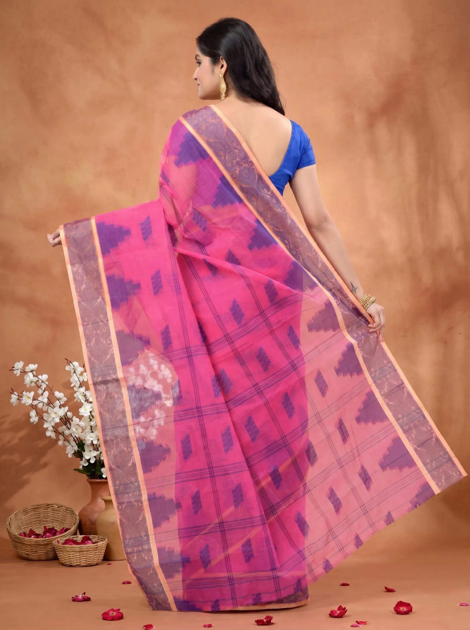 DipDiya Pure Cotton  Traditional Bengali Pink Artisan Crafted Kamala Desiging Tant Saree