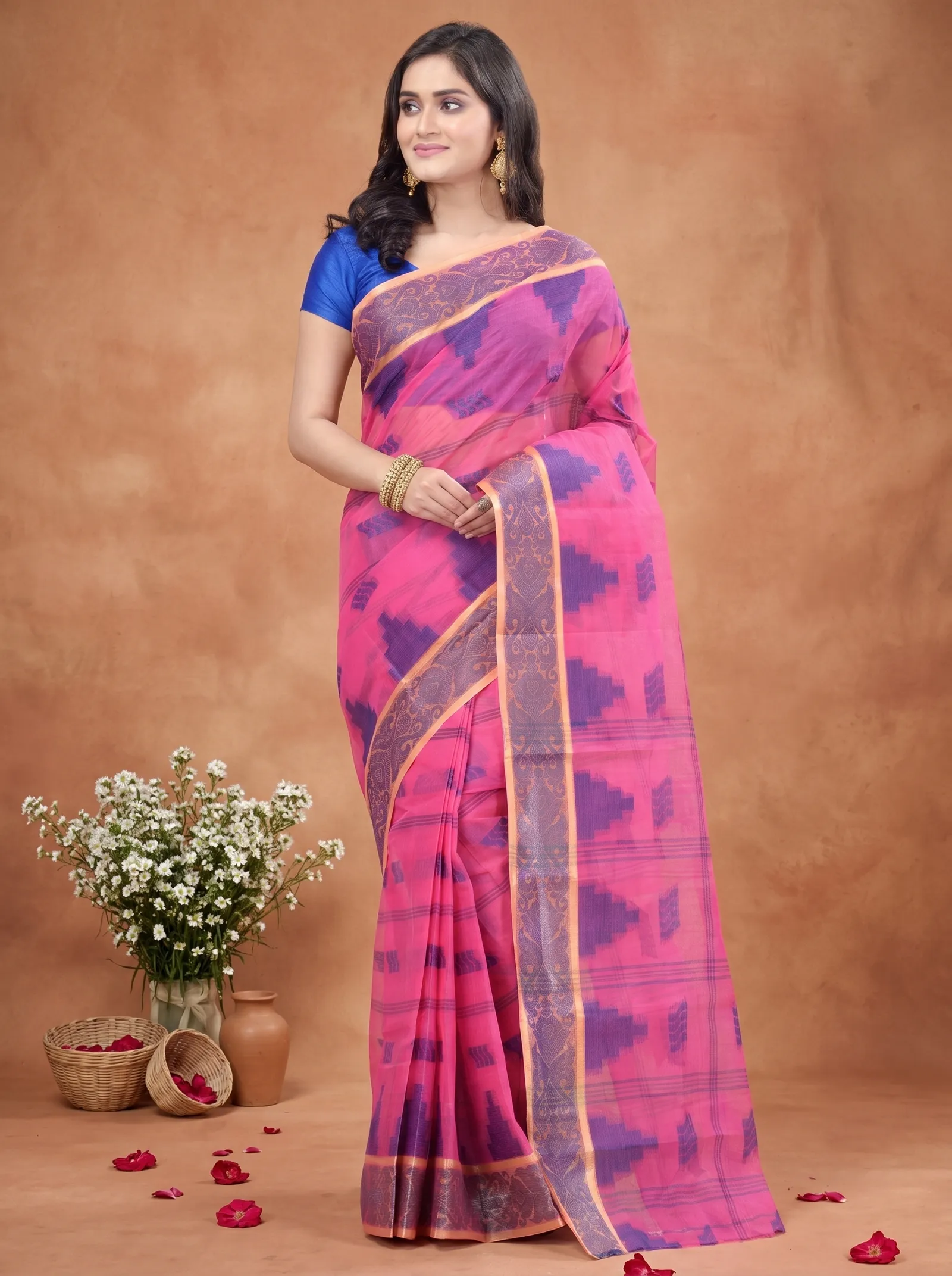 DipDiya Pure Cotton  Traditional Bengali Pink Artisan Crafted Kamala Desiging Tant Saree