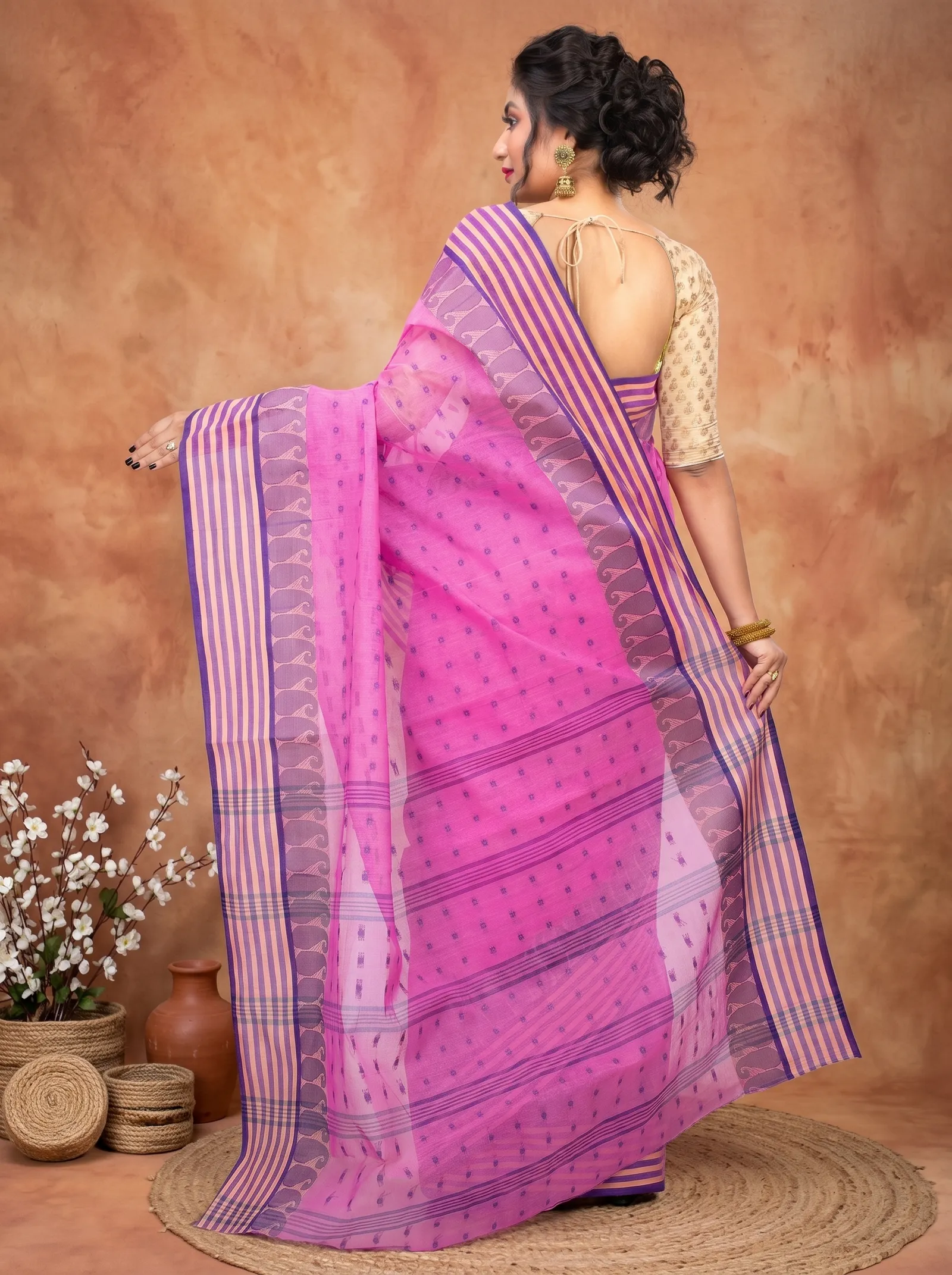 DipDiya Pure Cotton  Traditional Bengali Pink Artisan Crafted Moti Buti Tant Saree