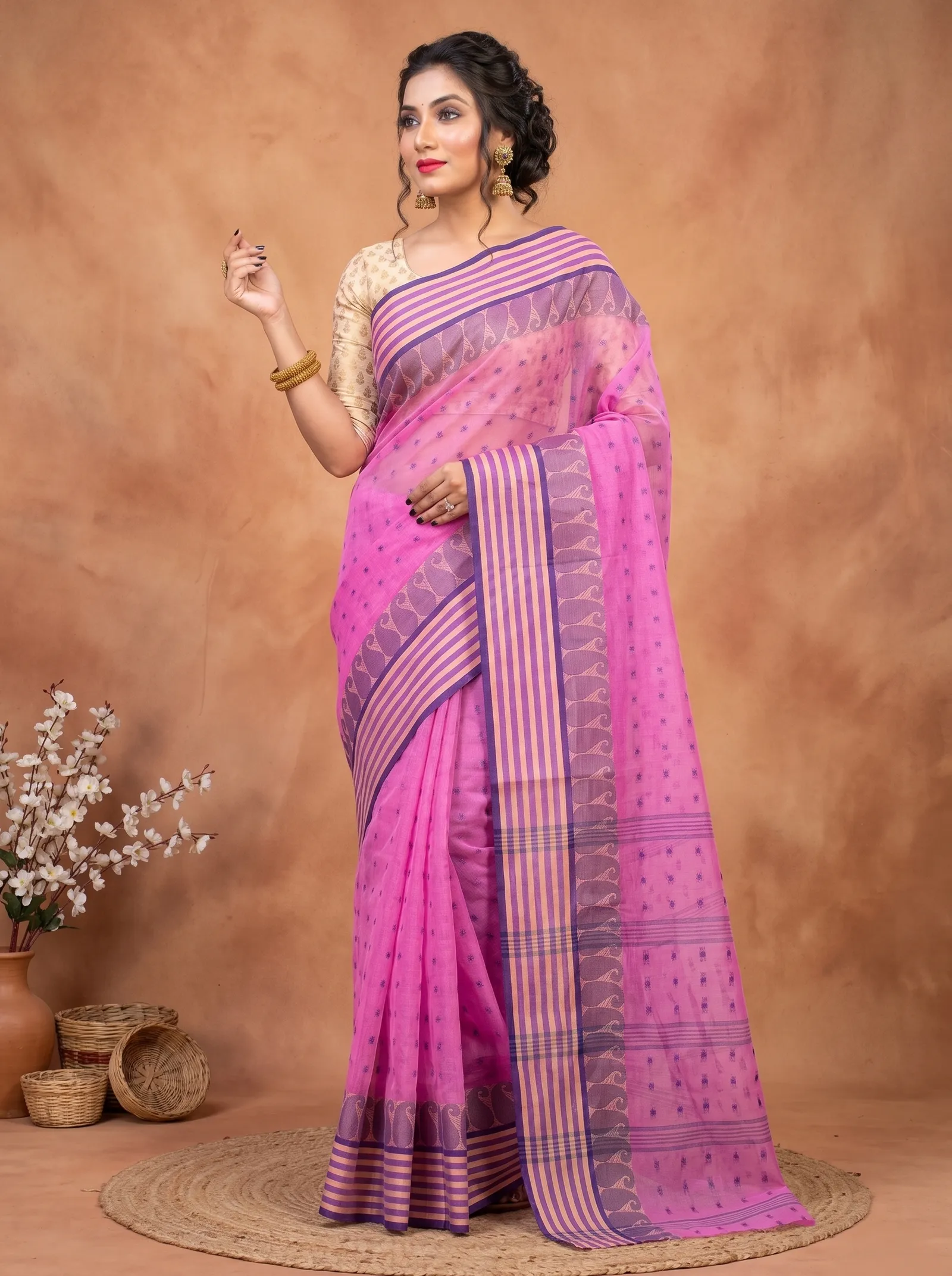 DipDiya Pure Cotton  Traditional Bengali Pink Artisan Crafted Moti Buti Tant Saree