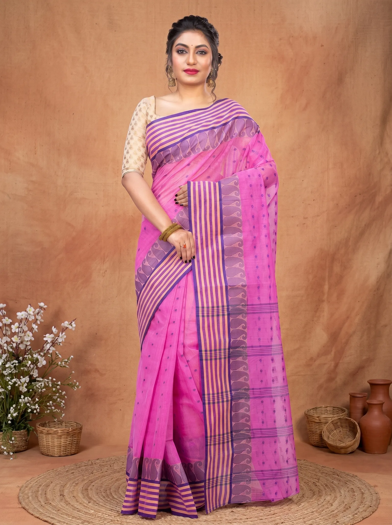 DipDiya Pure Cotton  Traditional Bengali Pink Artisan Crafted Moti Buti Tant Saree
