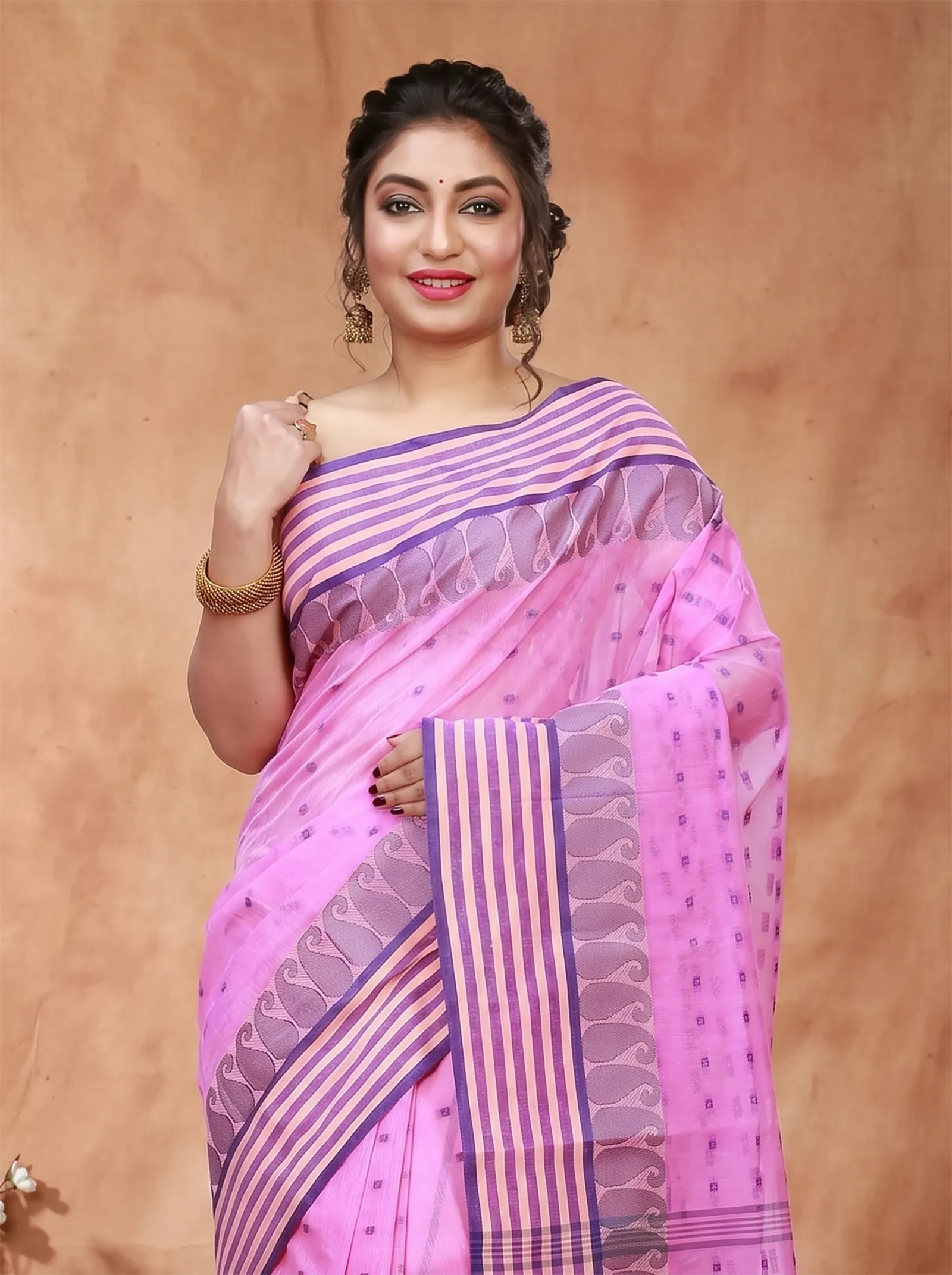 DipDiya Pure Cotton  Traditional Bengali Pink Artisan Crafted Moti Buti Tant Saree