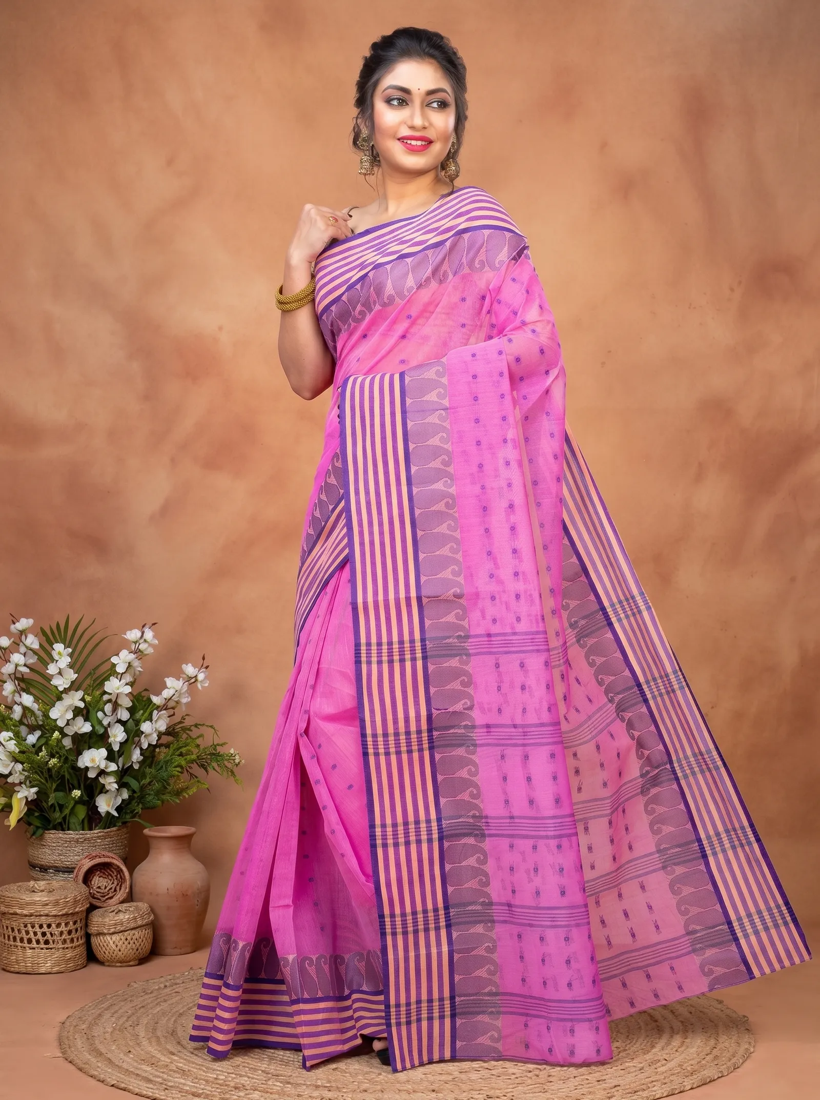 DipDiya Pure Cotton  Traditional Bengali Pink Artisan Crafted Moti Buti Tant Saree