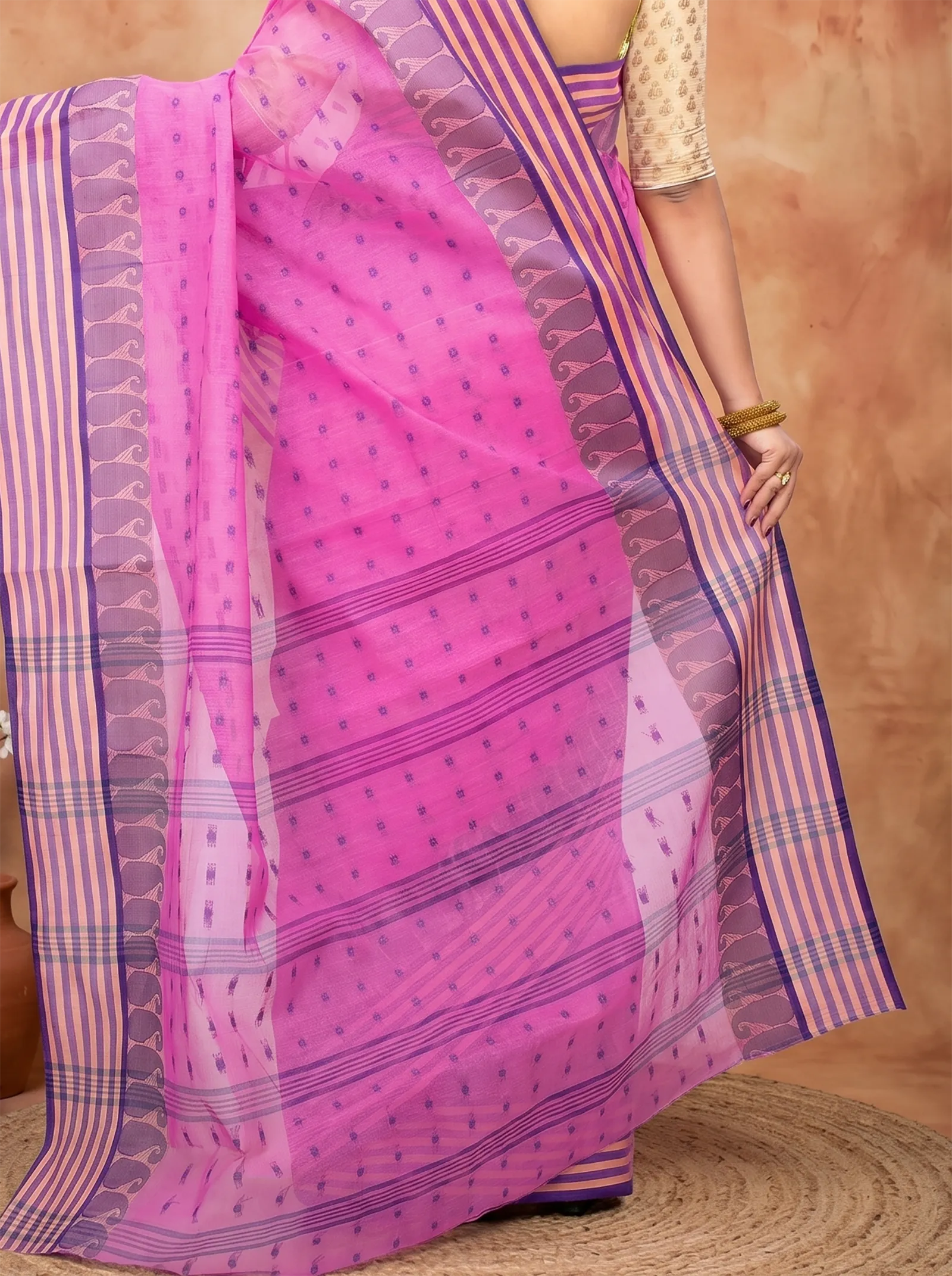 DipDiya Pure Cotton  Traditional Bengali Pink Artisan Crafted Moti Buti Tant Saree