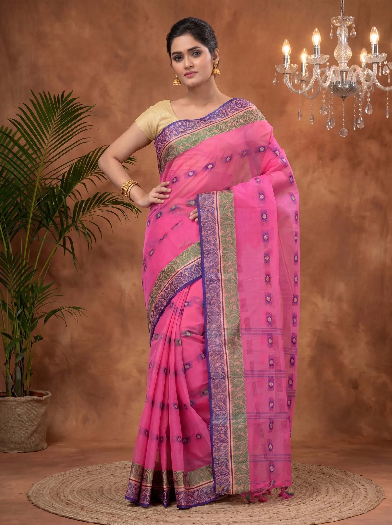 DipDiya Pure Cotton  Traditional Bengali Pink Artisan Crafted Pushti Desiging Tant Saree