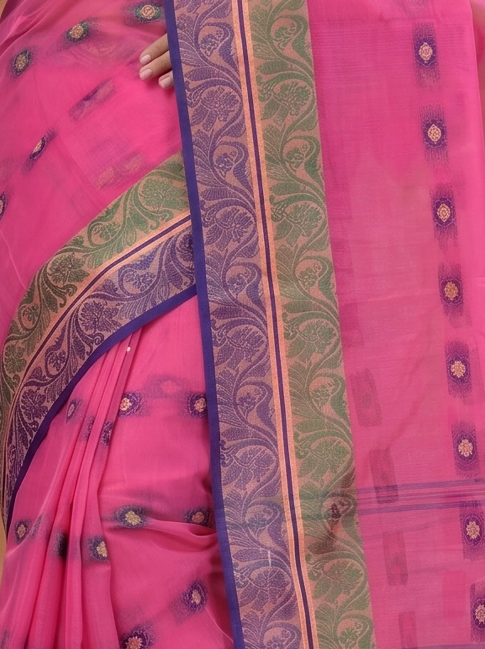 DipDiya Pure Cotton  Traditional Bengali Pink Artisan Crafted Pushti Desiging Tant Saree