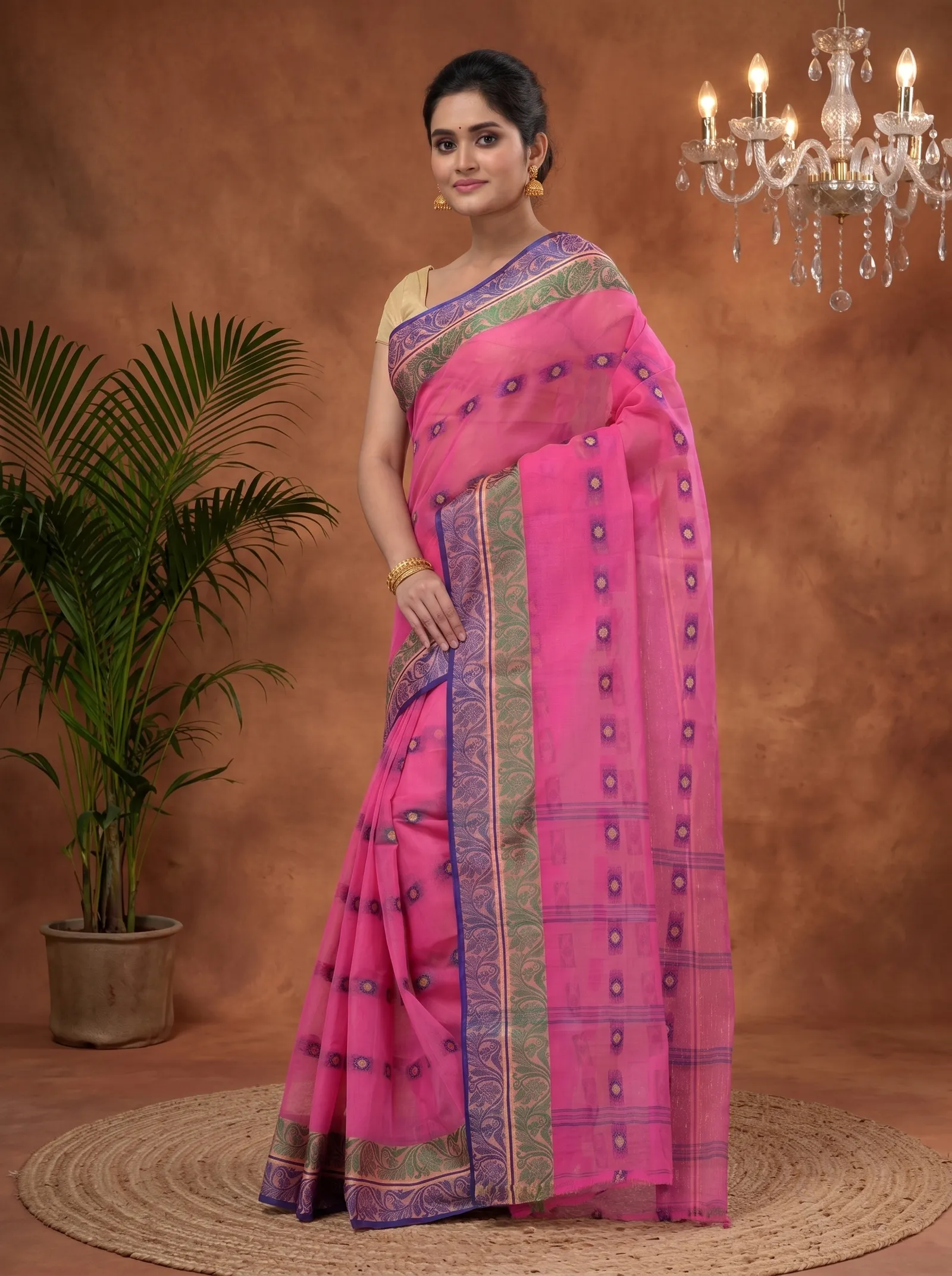 DipDiya Pure Cotton  Traditional Bengali Pink Artisan Crafted Pushti Desiging Tant Saree