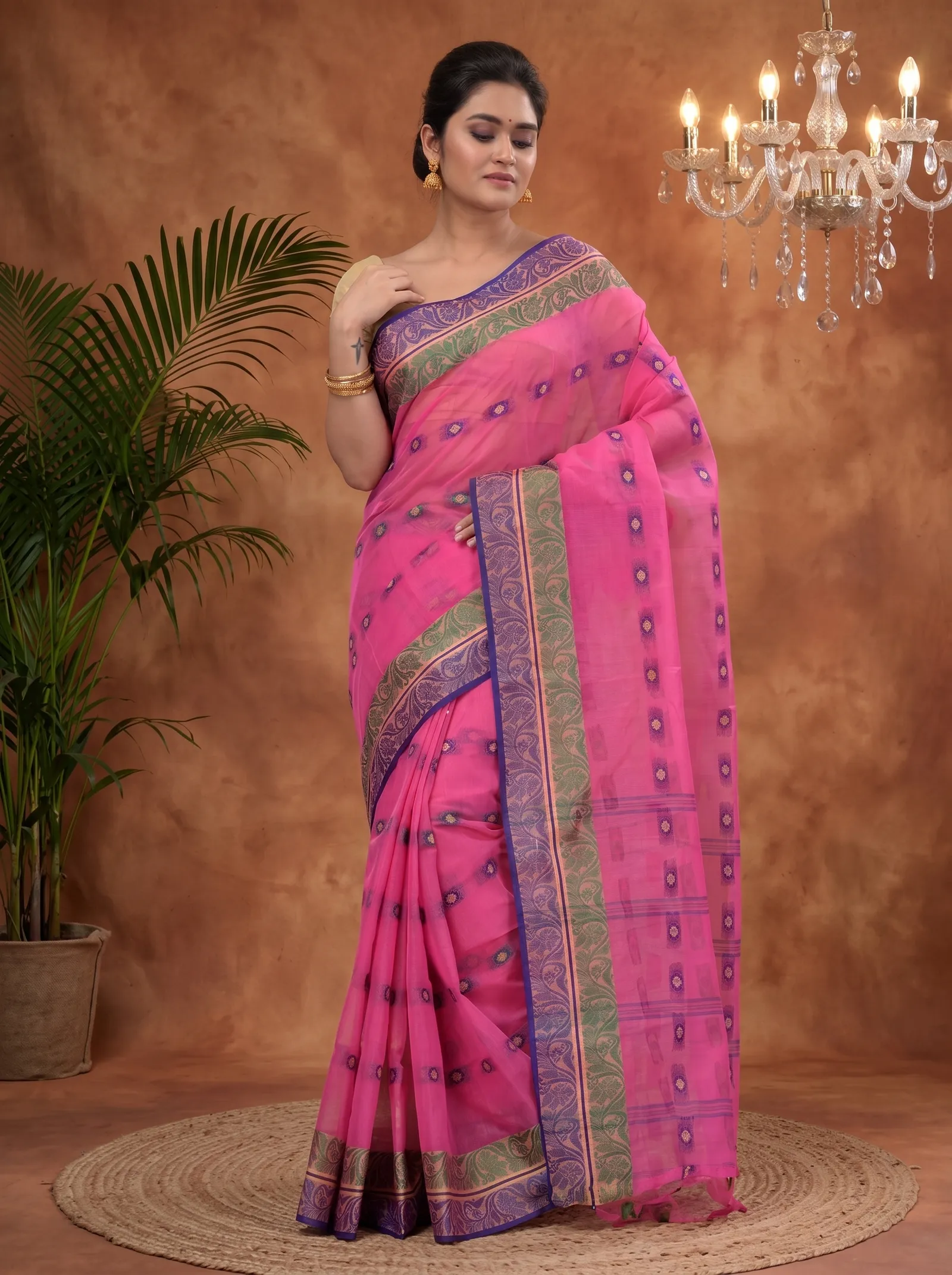 DipDiya Pure Cotton  Traditional Bengali Pink Artisan Crafted Pushti Desiging Tant Saree