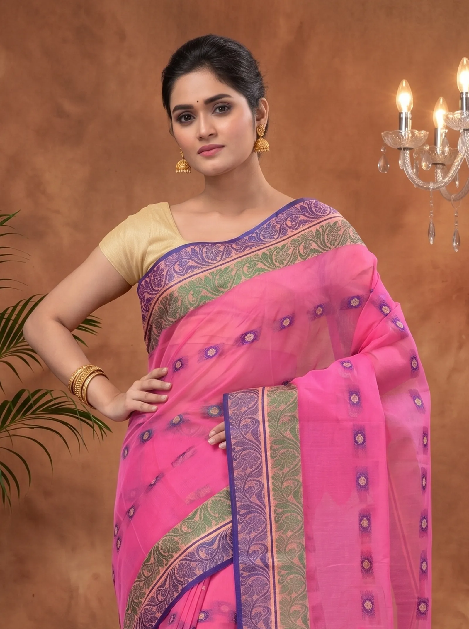 DipDiya Pure Cotton  Traditional Bengali Pink Artisan Crafted Pushti Desiging Tant Saree